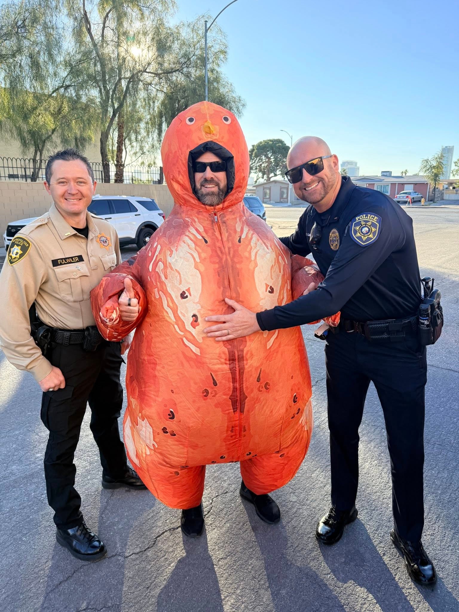 A Las Vegas police officer dressed up as a turkey and spent his day stepping into a crosswalk near the Cashman Middle School