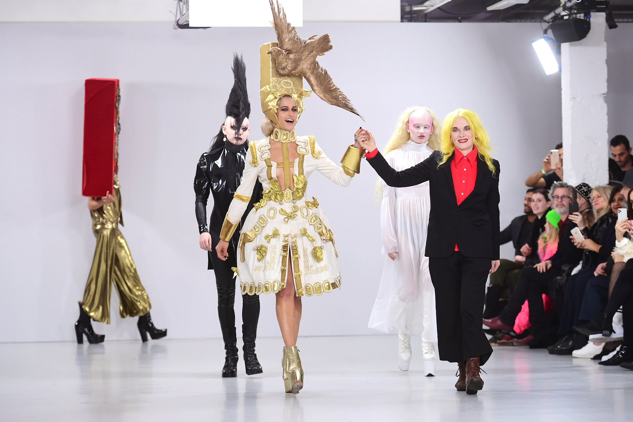 Alice Dellal, Pam Hogg and models on the catwalk during the Pam Hogg show at London Fashion Week in 2020