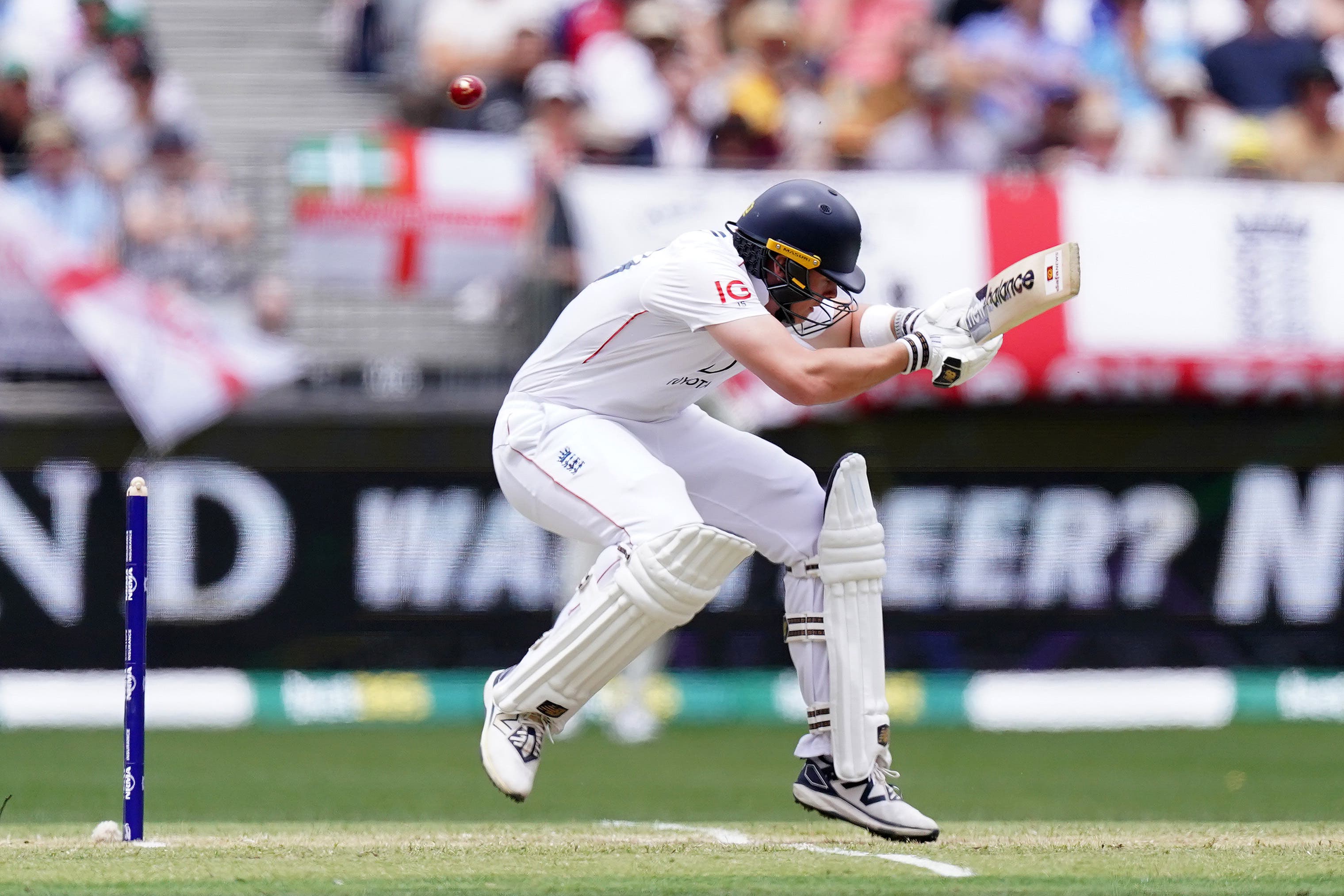 England’s Jamie Smith ducks under a short ball on day two of the first Test (PA)