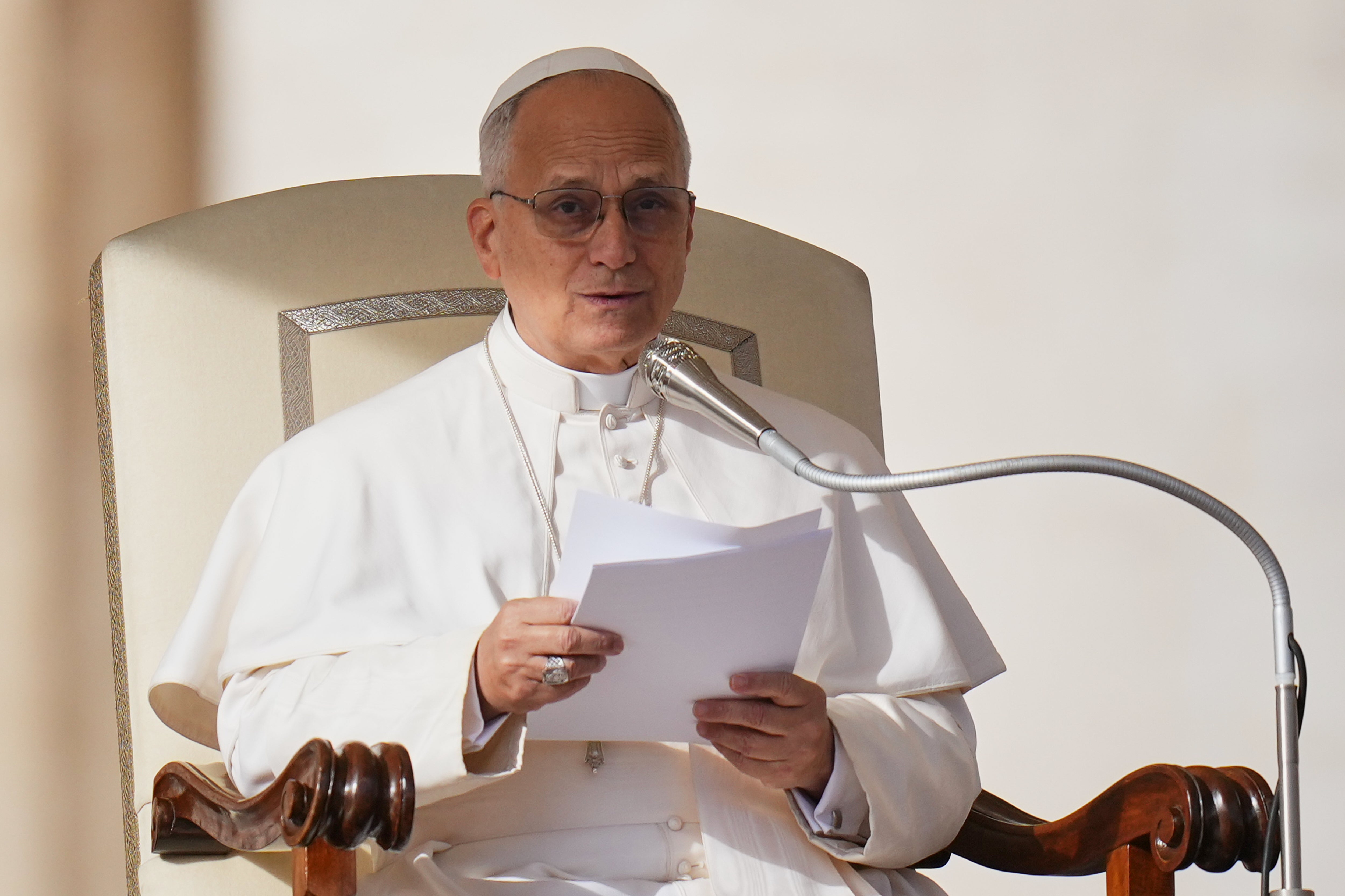 Pope Leo XIV delivers his speech during his weekly general audience in St. Peter's Square, at the Vatican