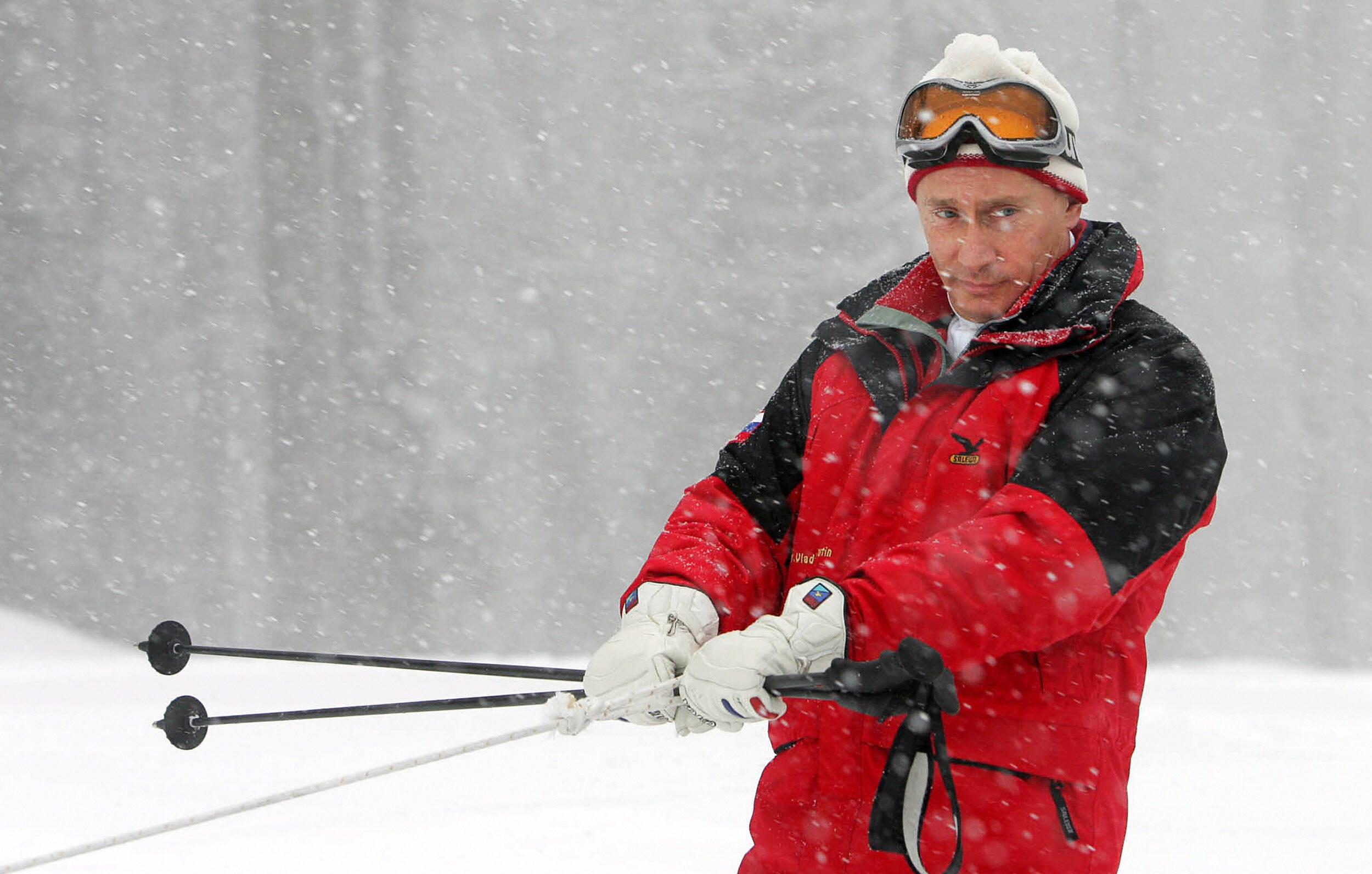 The Russian president posing on the ski slopes