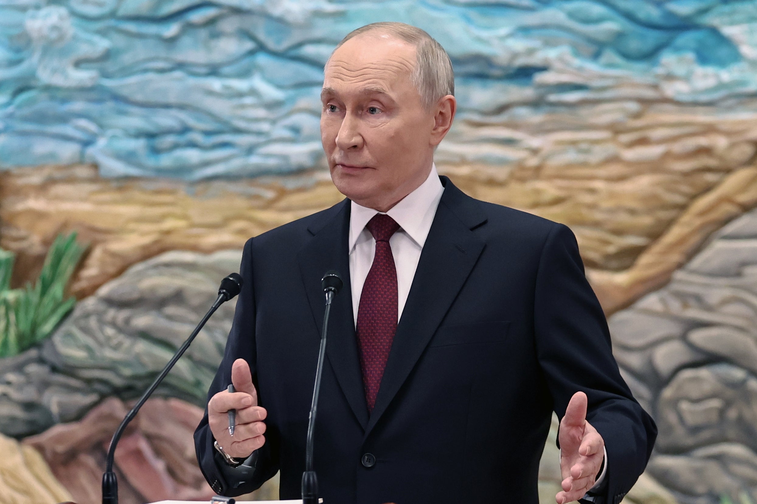 Russian President Vladimir Putin gestures speaking to Russian journalists after the summit of the Collective Security Treaty Organisation (CSTO) in Bishkek, Kyrgyzstan, on Thursday, Nov. 27, 2025. (Alexander Kazakov, Sputnik, Kremlin Pool Photo via AP)