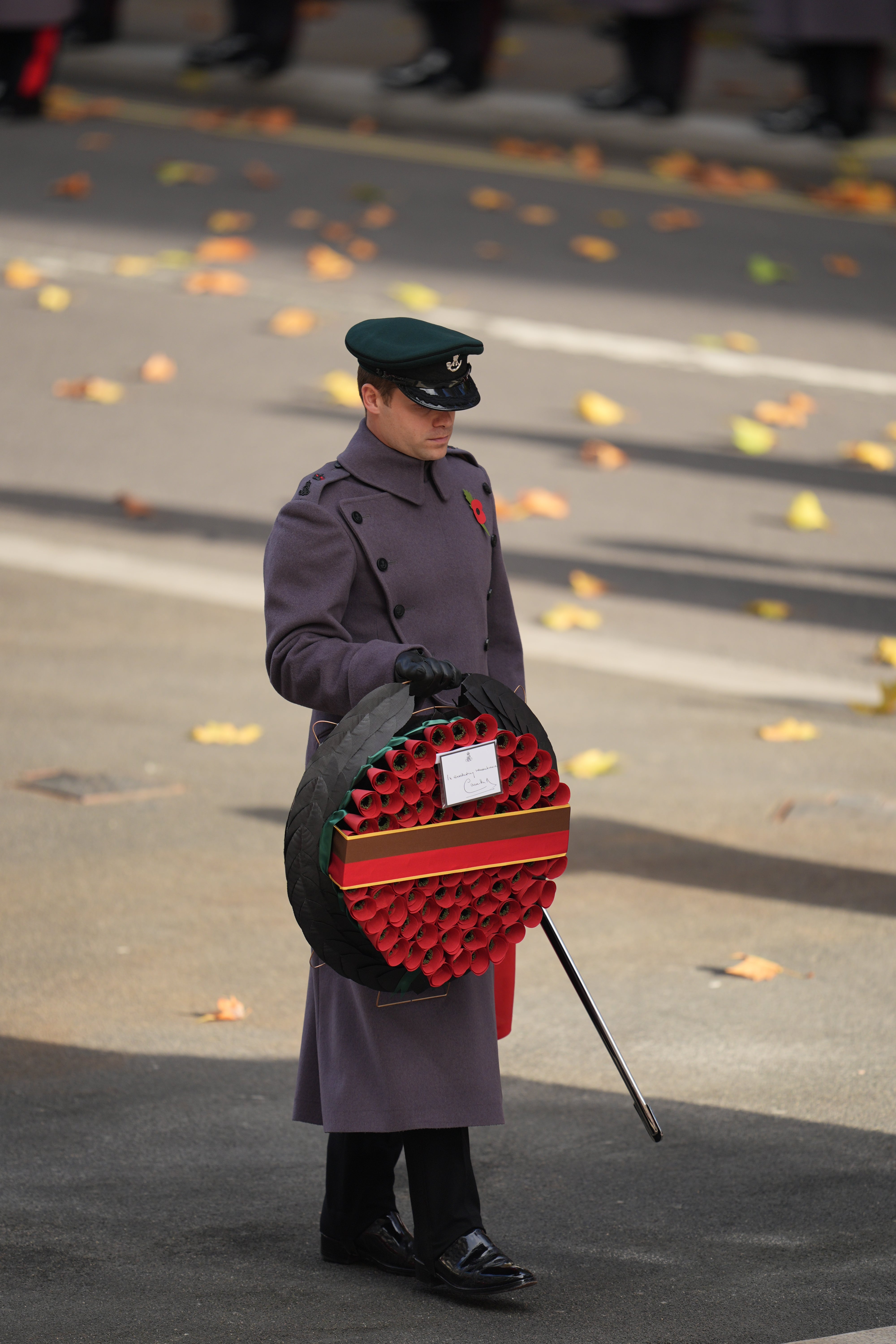 Major Ollie Plunket, The Rifles, Equerry to Queen Camilla lays a wreath at Remembrance Day 2025