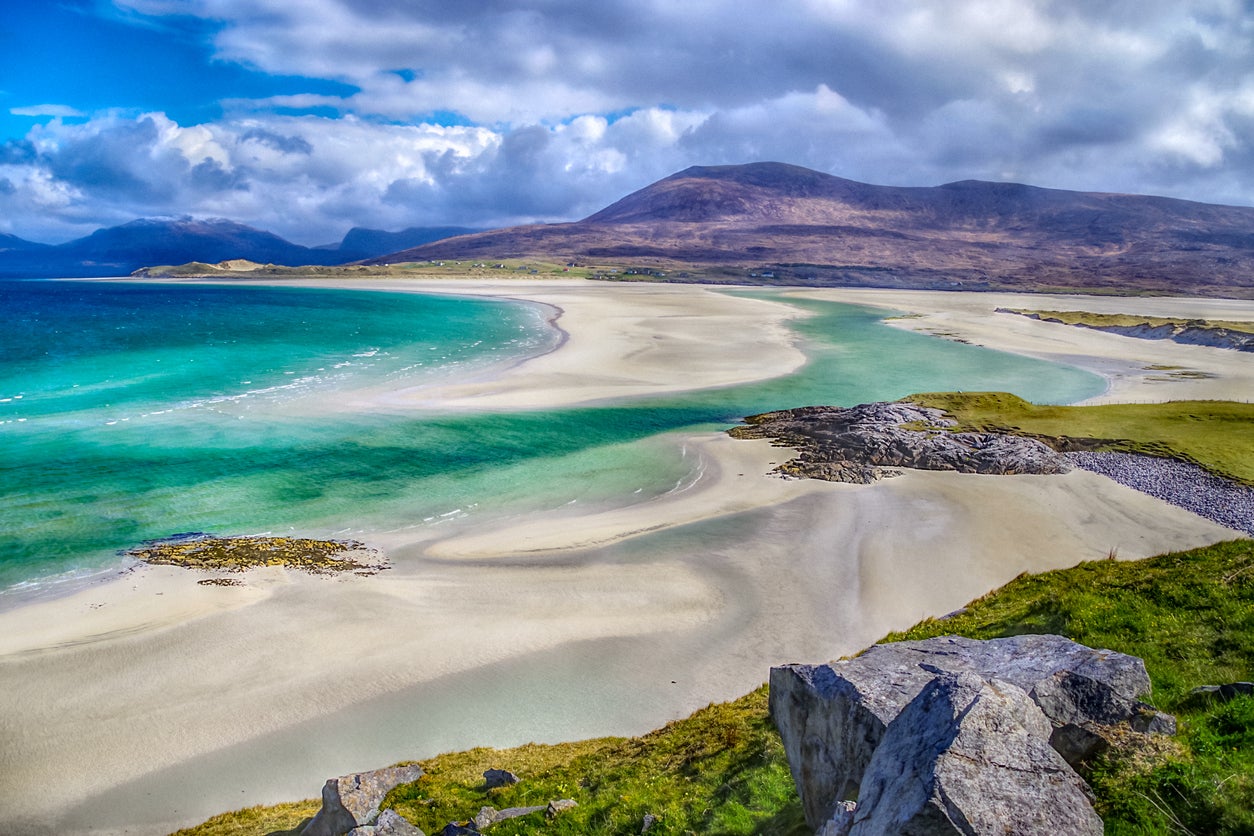 The Isle of Harris in the Outer Hebrides where Seilebost Beach (foreground) meets Luskentyre Beach