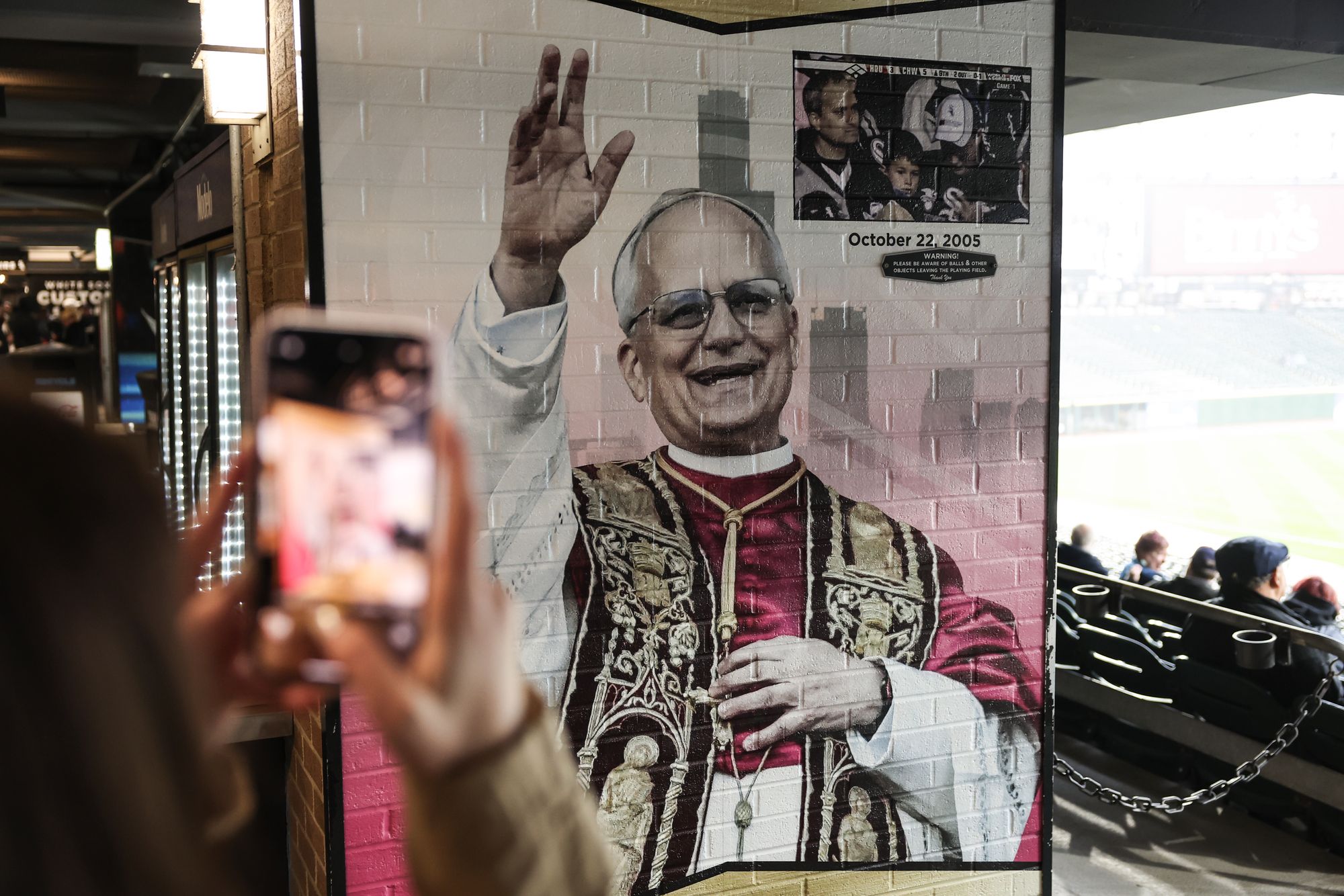 Pope Leo was honored in a graphic installation at Rate Field, which was unveiled in May