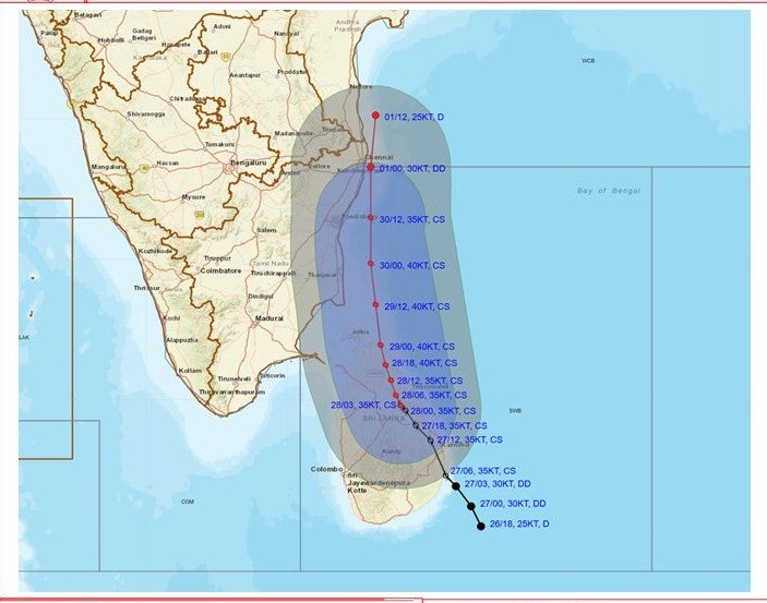 Map from Indian Meteorological Department shows Cyclone Ditwah’s path and arrival time