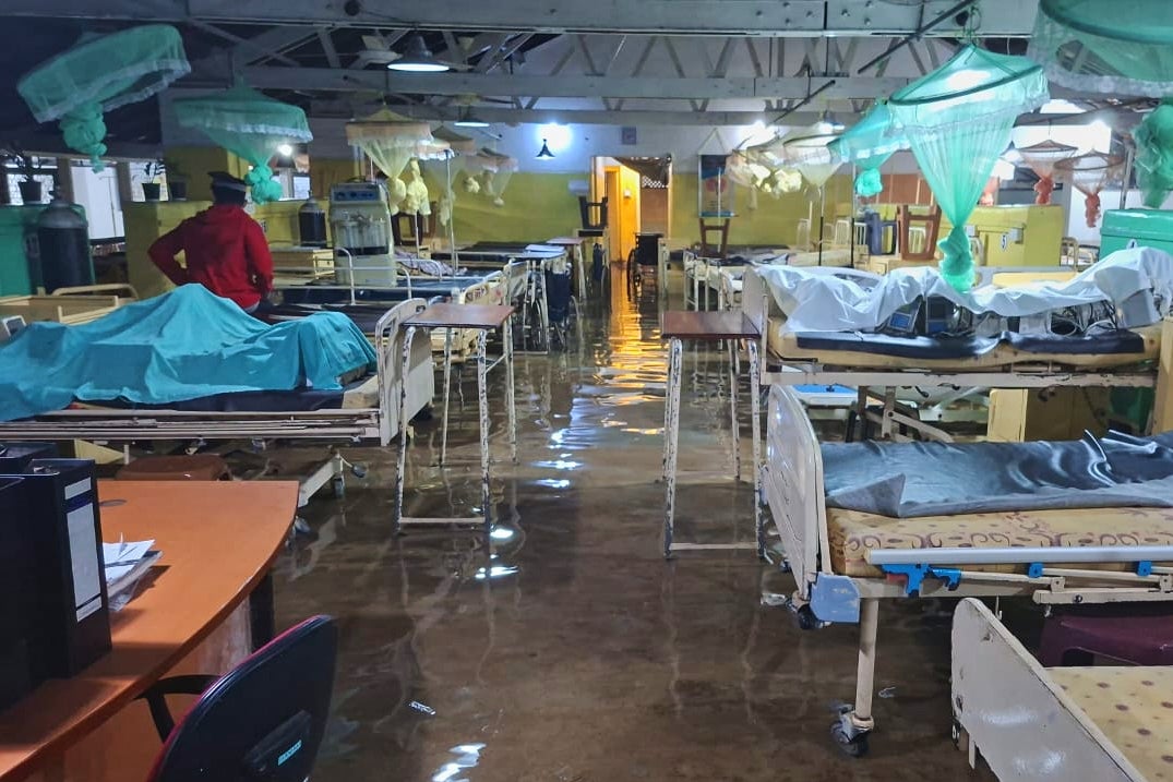 A flooded hospital after heavy rains is seen in Chilaw, north of Colombo
