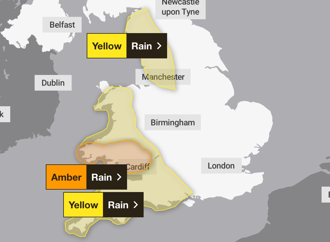 An amber weather warning is in place for Wales on Monday