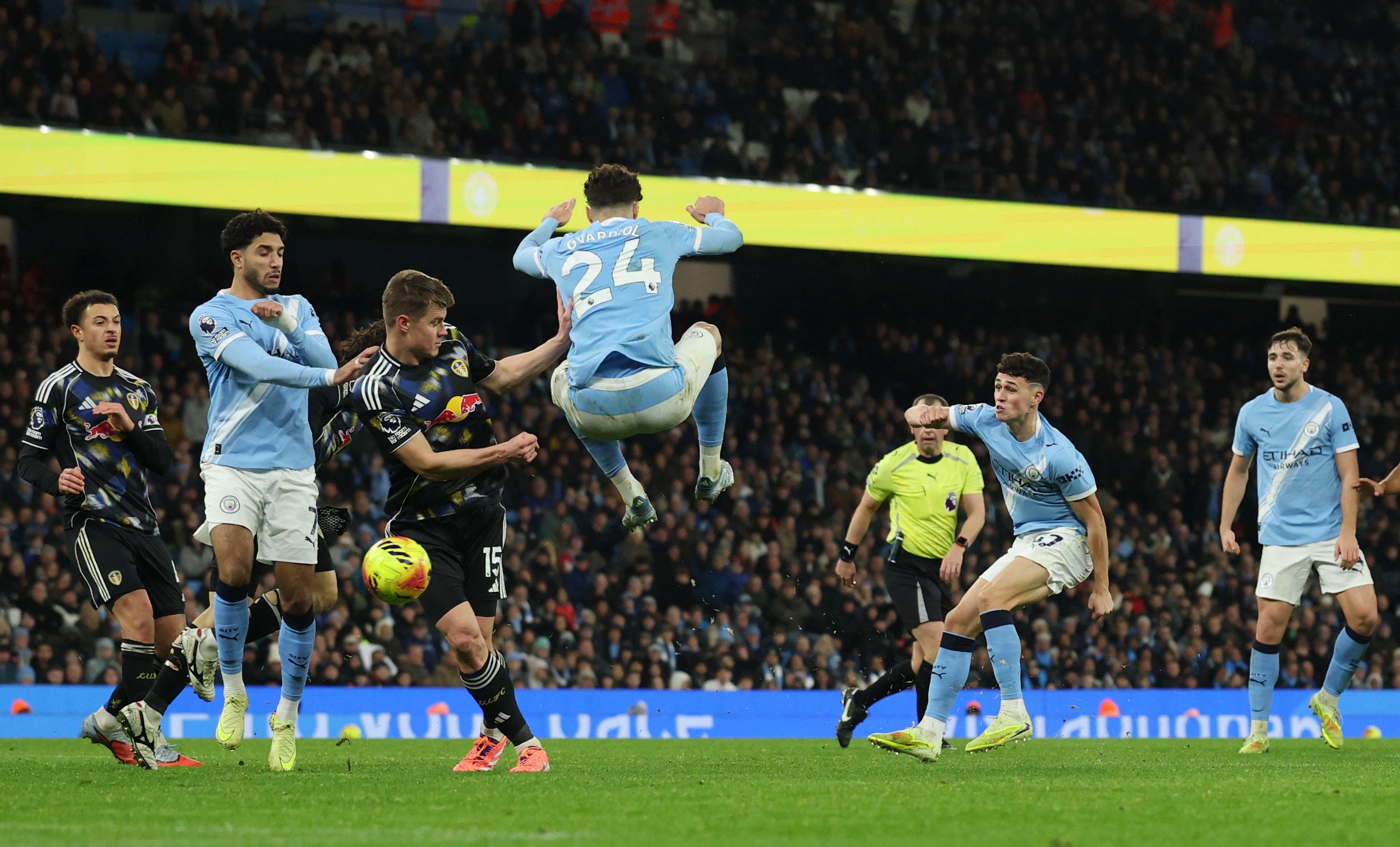 Phil Foden lashes a shot at goal