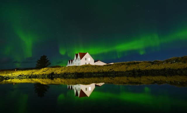 <p>The Aurora Borealis, also known as the Northern Lights, visable over Straumur near Hafnarfjorour in Iceland</p>