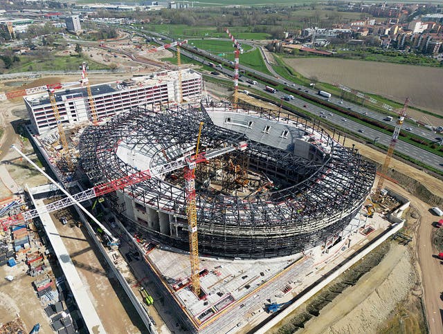 <p>The Santagiulia Ice Hockey Arena, pictured in March, may not be ready in time</p>