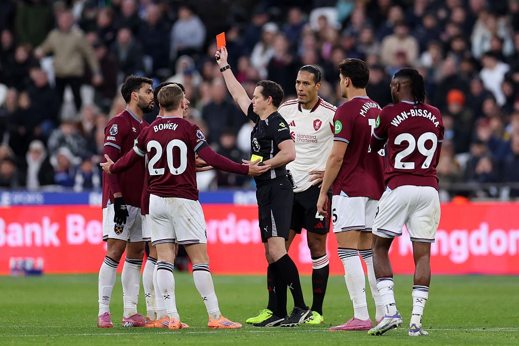 Lucas Paqueta was shown two yellow cards followed by a red for dissent against Liverpool