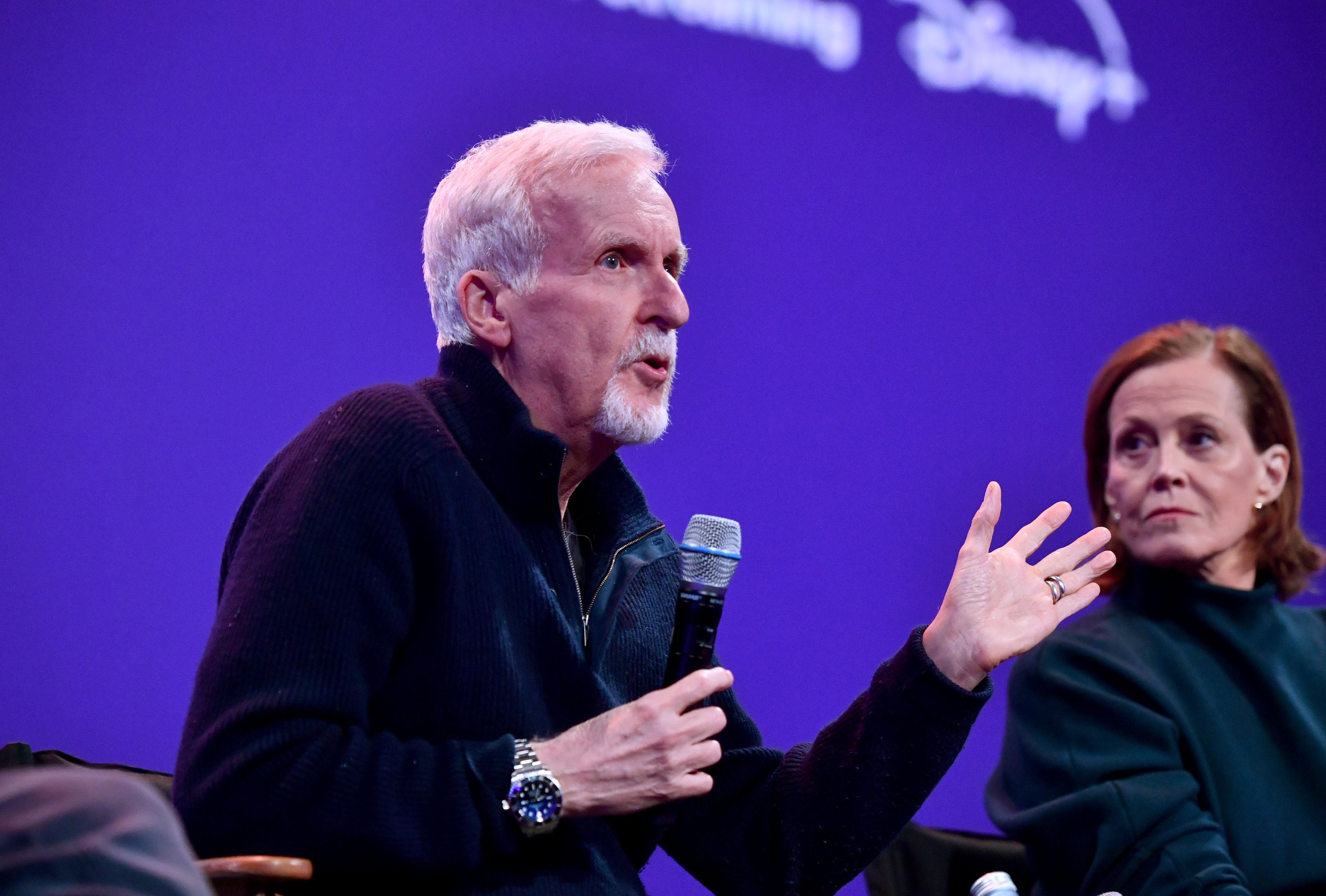 James Cameron, left, described the process of performance capture where actors including Sigourney Weaver, right, would need to film underwater scenes in an almost 250,000-gallon tank