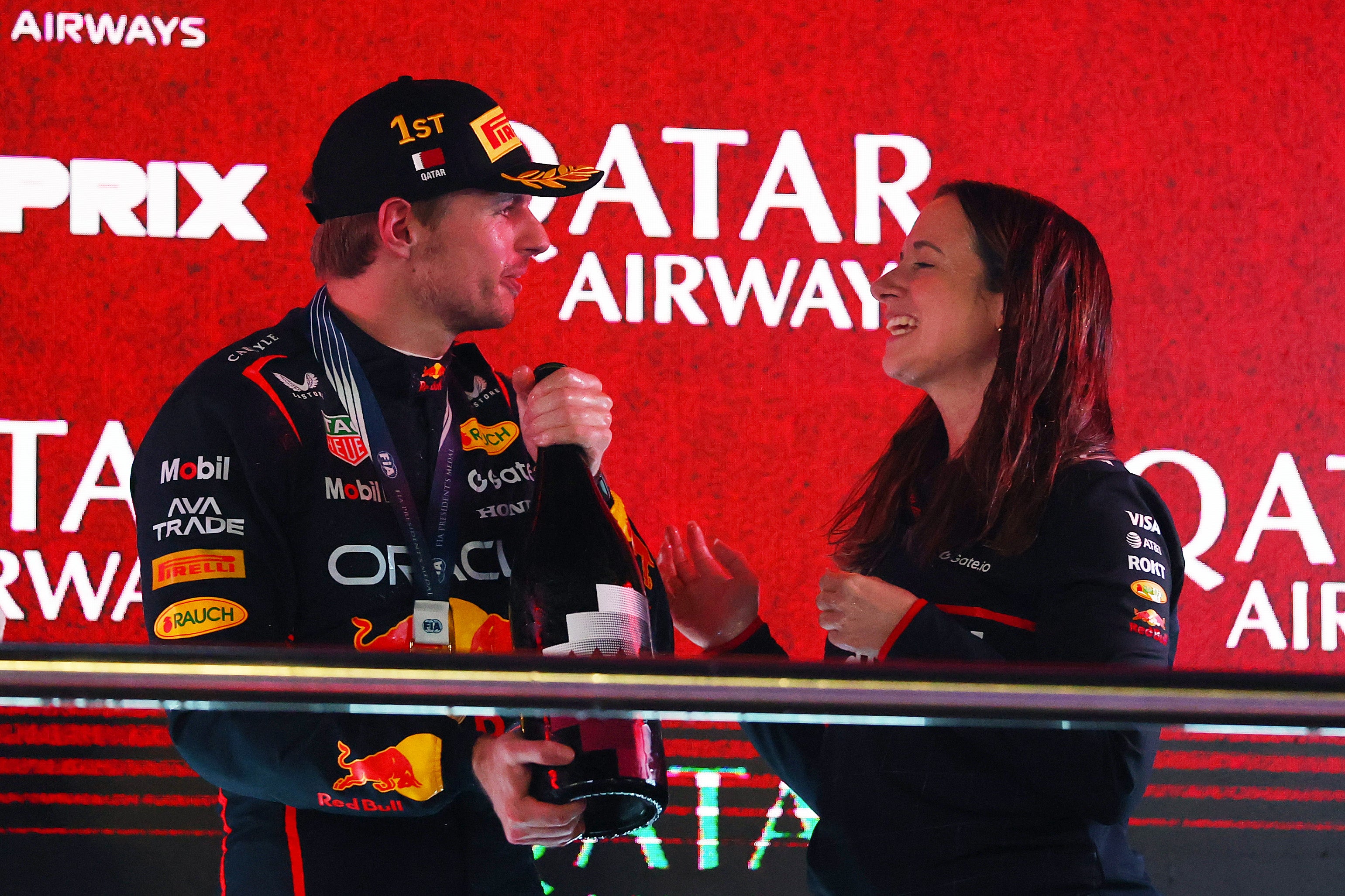 Max Verstappen celebrates his win in Qatar with Red Bull strategy chief, Hannah Schmitz