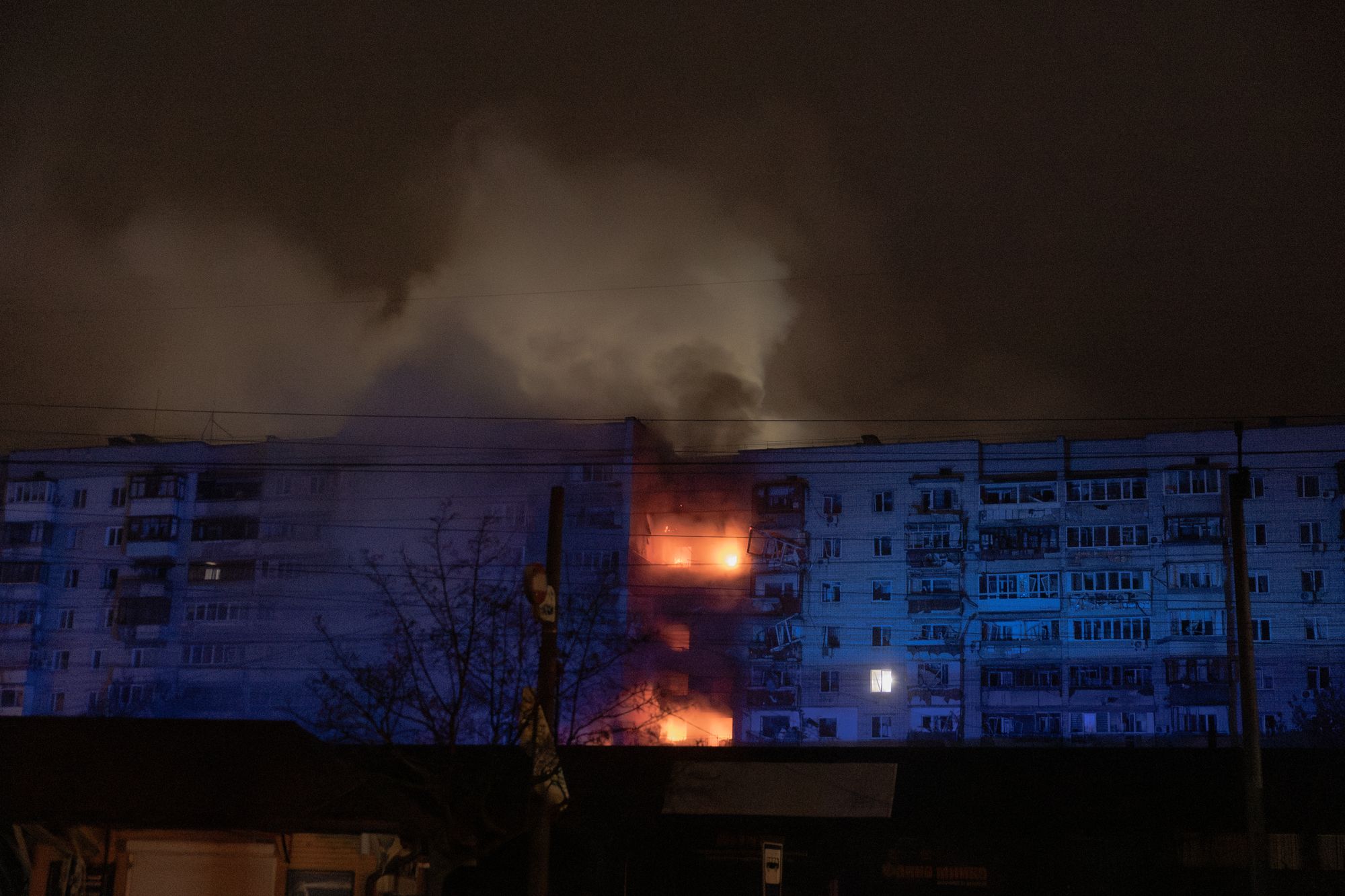 A residential building is seen on fire following a Russian drone attack on the city of Vyshhorod in the Kyiv region on Nov. 29