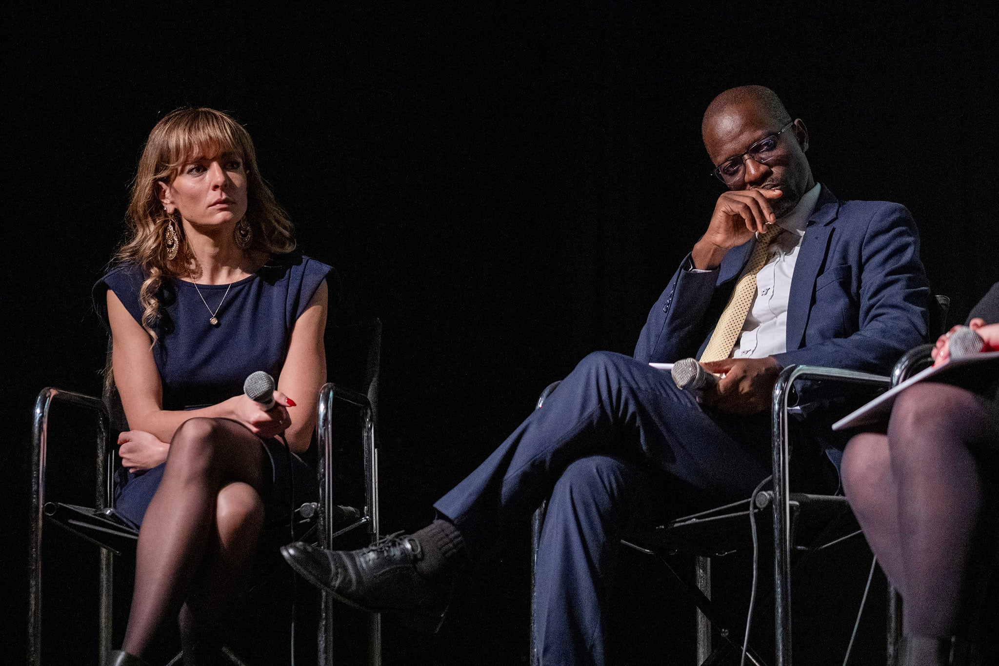 Bel Trew and Patrick Kinemo during a panel discussion at the ICA in central London