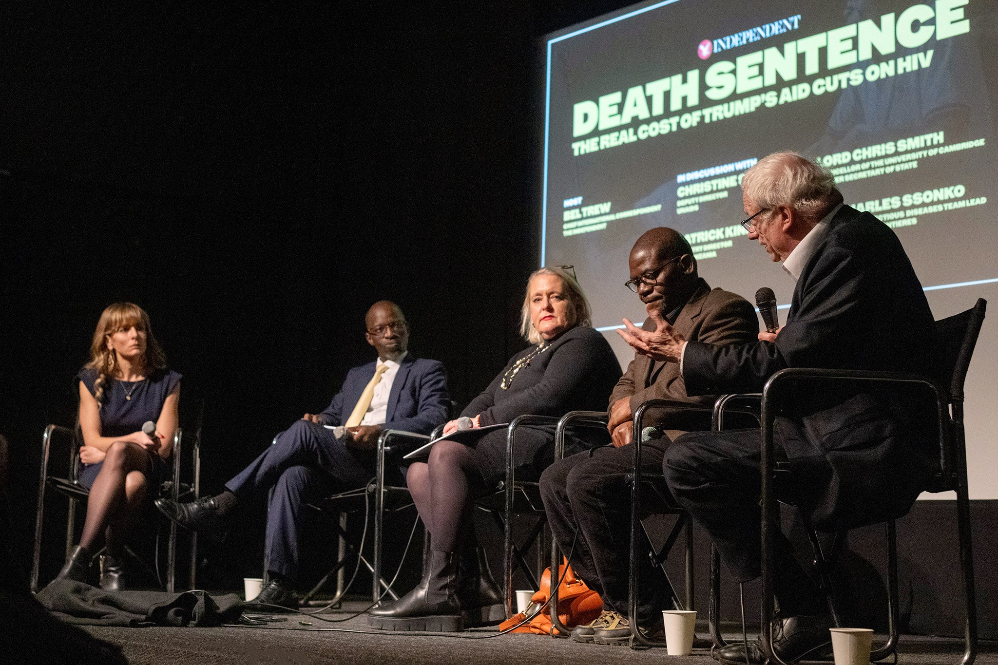 Bel Trew, Patrick Kinemo, country lead for MSI Tanzania, Christine Stegling, deputy director of UNAids, Dr Charles Ssonko, HIV adviser to Médecins Sans Frontières (MSF) and Lord Smith