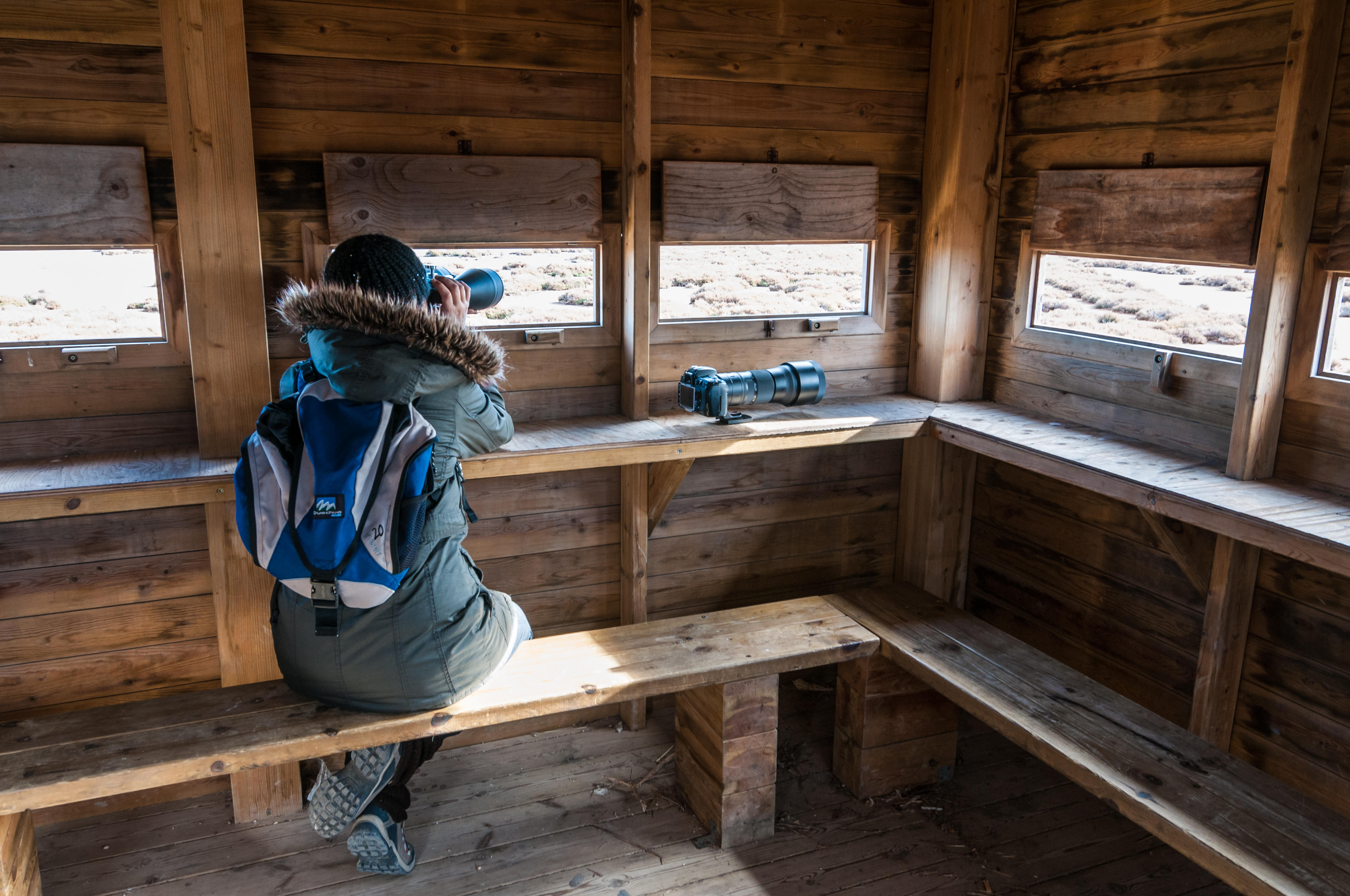 Woman with binoculars looking out in a bird watching tower in Spain