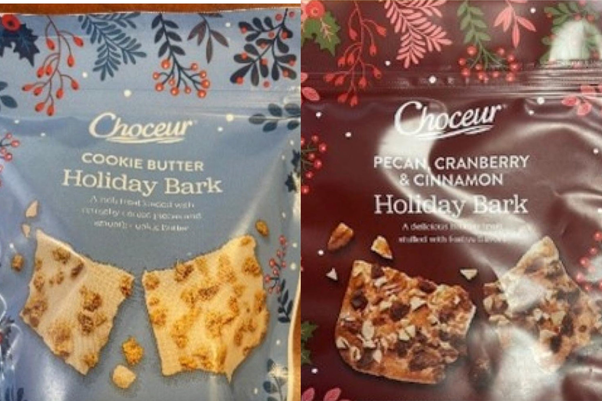 The Cookie Butter bark may contain undeclared pecans, while the Pecan, Cranberry & Cinnamon Bark may contain undeclared wheat