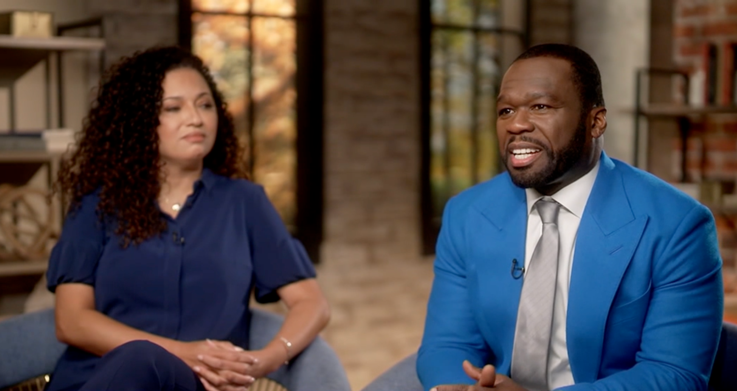 (L-R) Alexandria Stapleton and 50 Cent on ABC News, speaking about their new documentary, 'Sean Combs: The Reckoning'