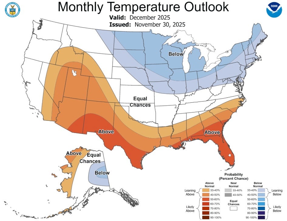 The National Weather Service’s Climate Prediction Center forecasts below normal temperatures in states from Montana to Maine