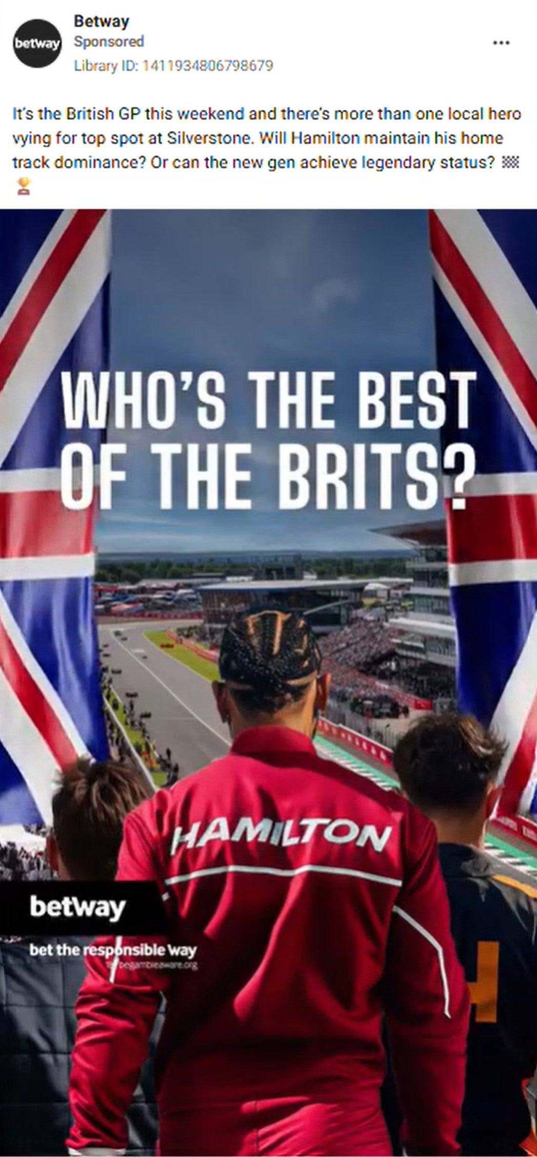 The Facebook ad for the gambling firm Betway, featuring Sir Lewis Hamilton