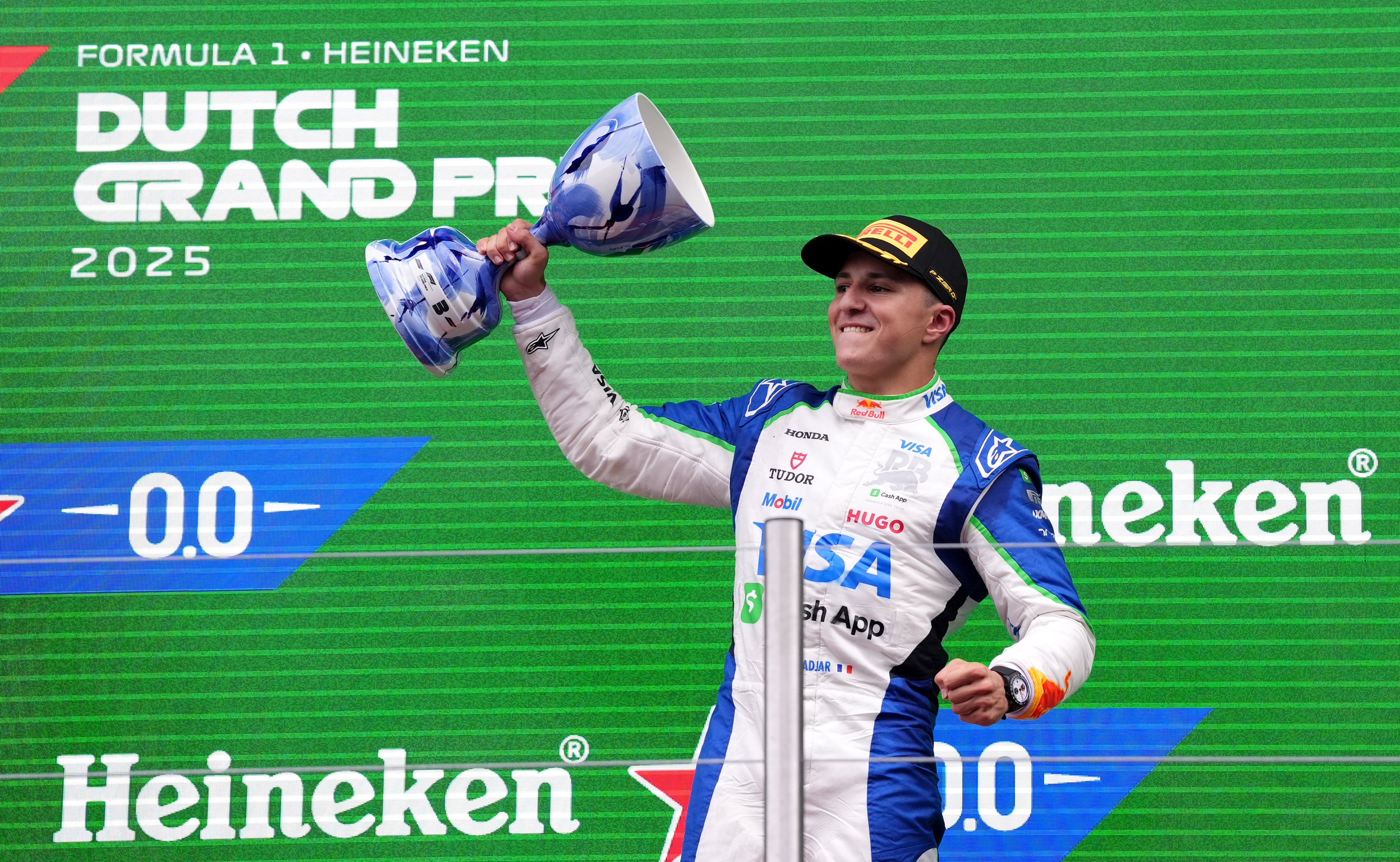 Isack Hadjar celebrates his podium in Zandvoort