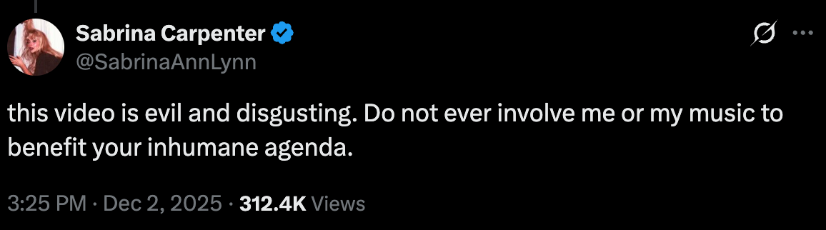 Сабрина Карпентер критиковала је Трампову администрацију што је користила њену музику за промовисање „нехумане агенде“