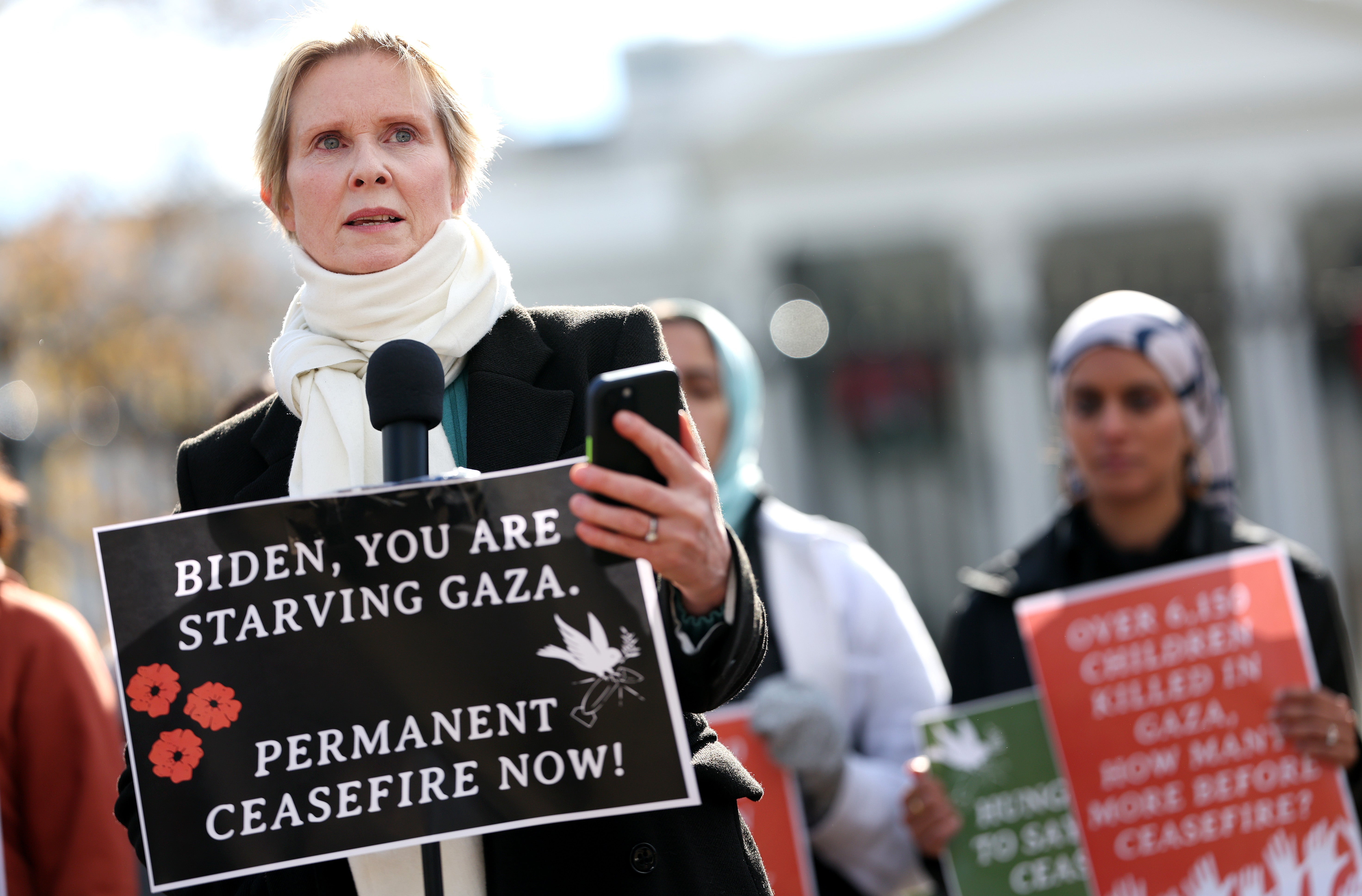 Actress Cynthia Nixon speaks as she announces a hunger strike calling for a ceasefire in Gaza outside the White House on November 27, 2023