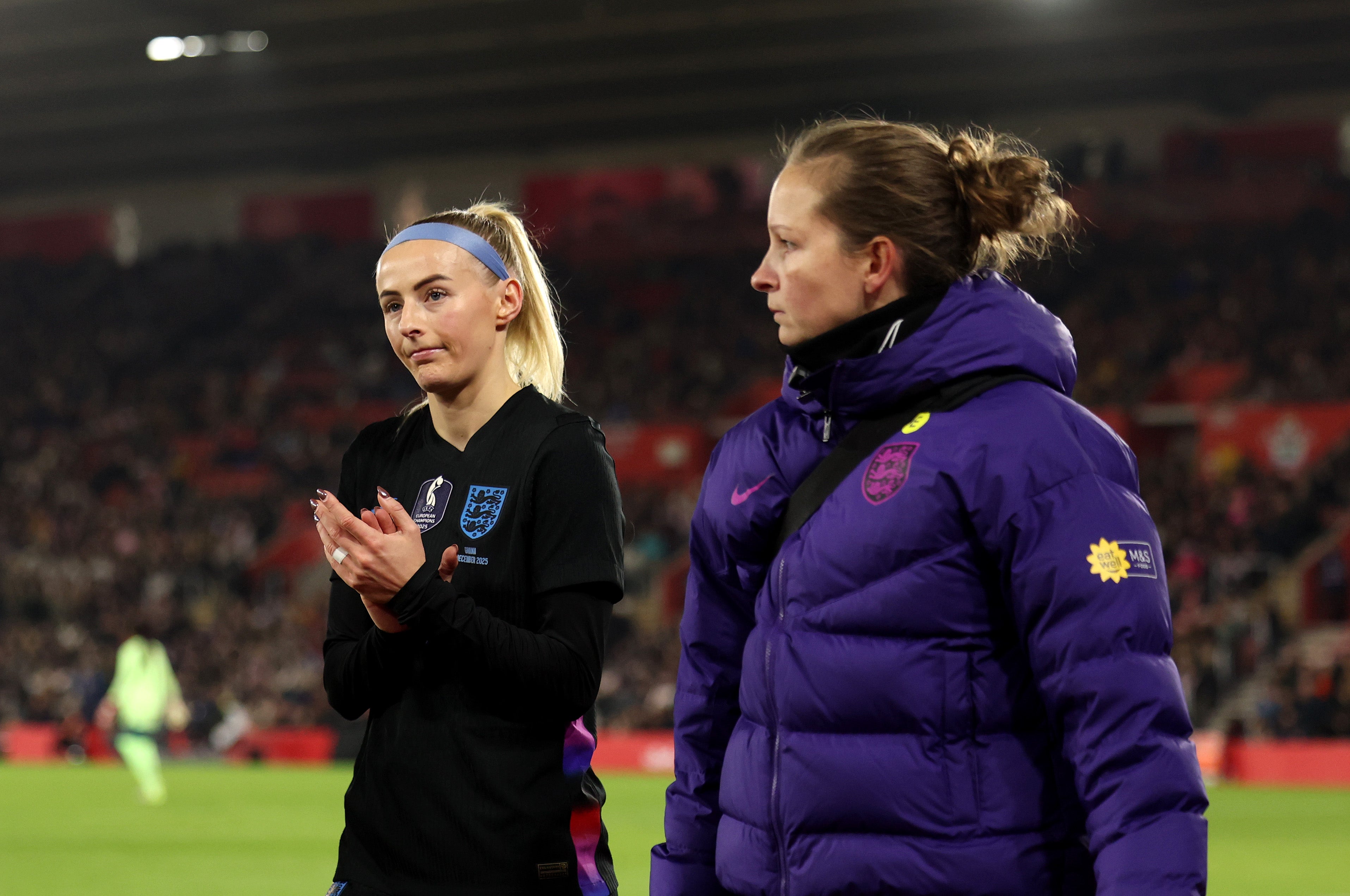 Chloe Kelly applauds the fans as she comes off injured in England’s clash with Ghana