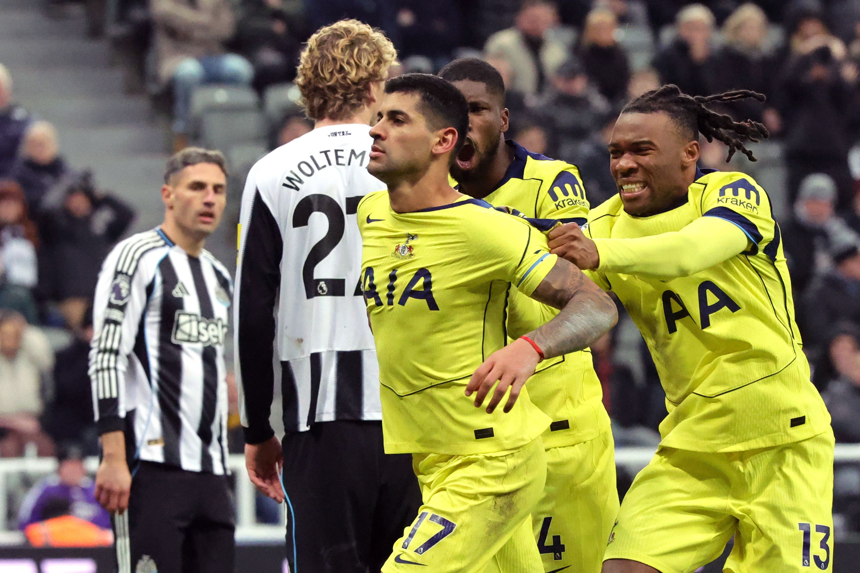 Tottenham captain Cristian Romero celebrates his second equaliser (Steve Welsh/PA)