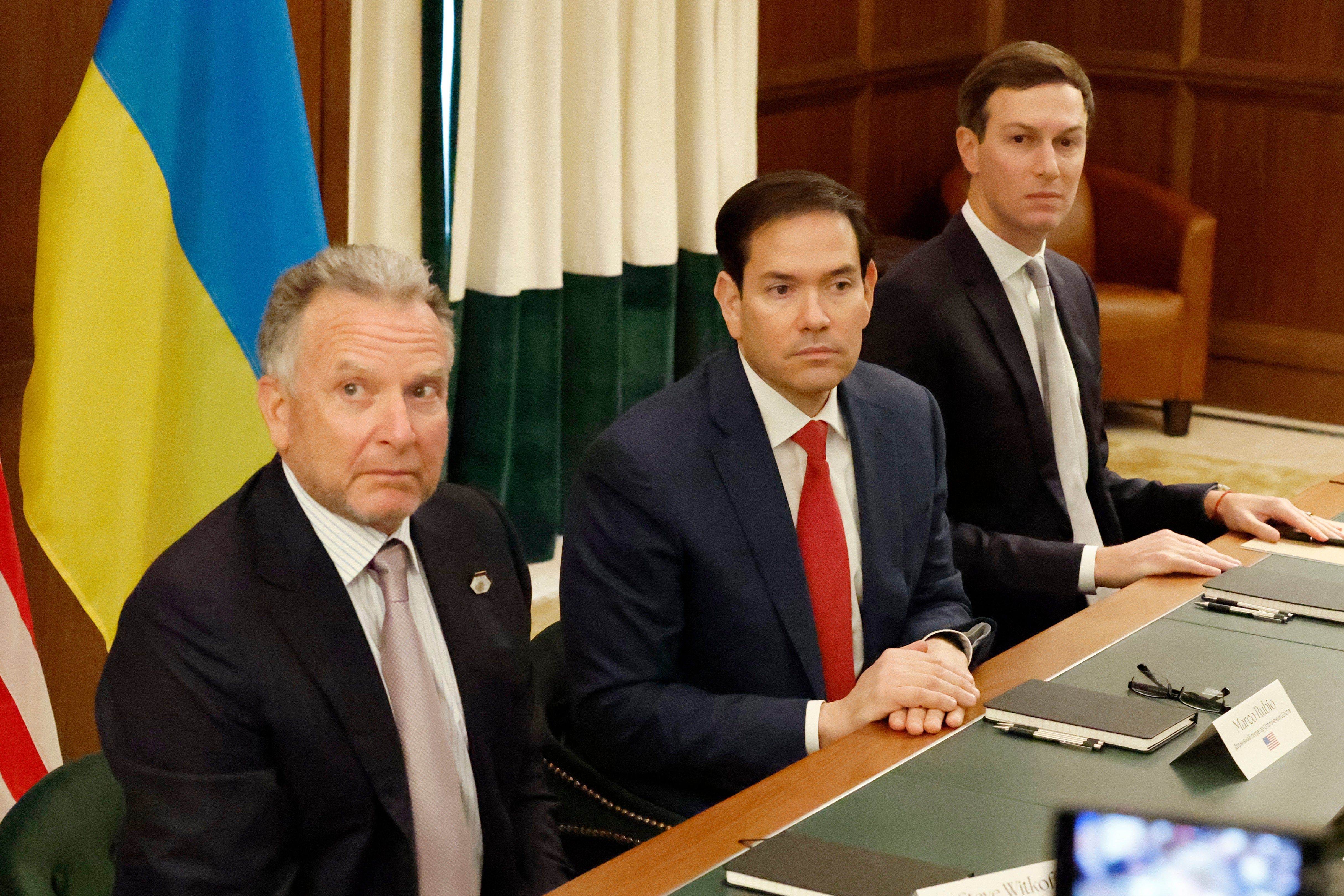 The board, selected by Donald Trump who is also chairman of the board, includes U.S Special Envoy to the Middle East Steve Witkoff (left), Secretary of State Marco Rubio (center) and the president’s son-in-law Jared Kushner (right)
