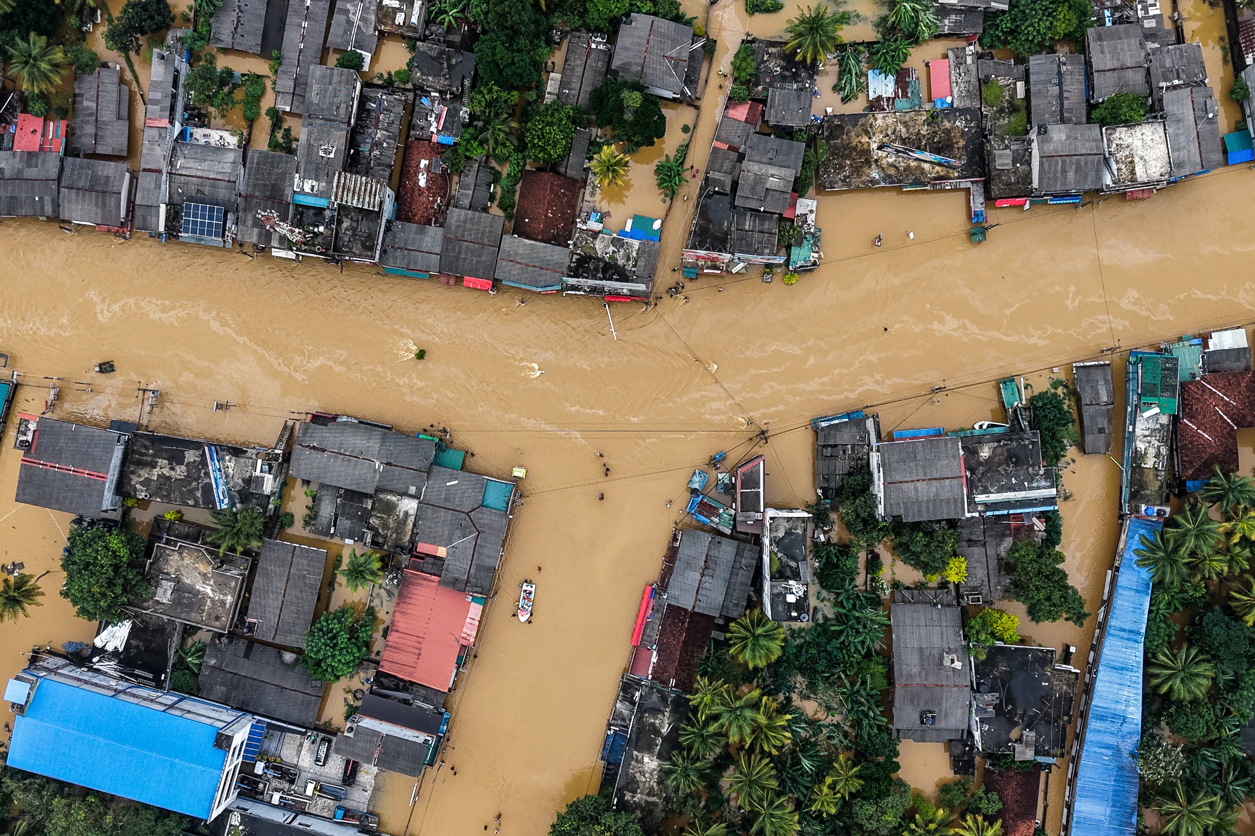 An aerial view shows houses submerged in floodwaters in Kaduwela on the outskirts of Colombo, Sri Lanka, on 29 November 2025