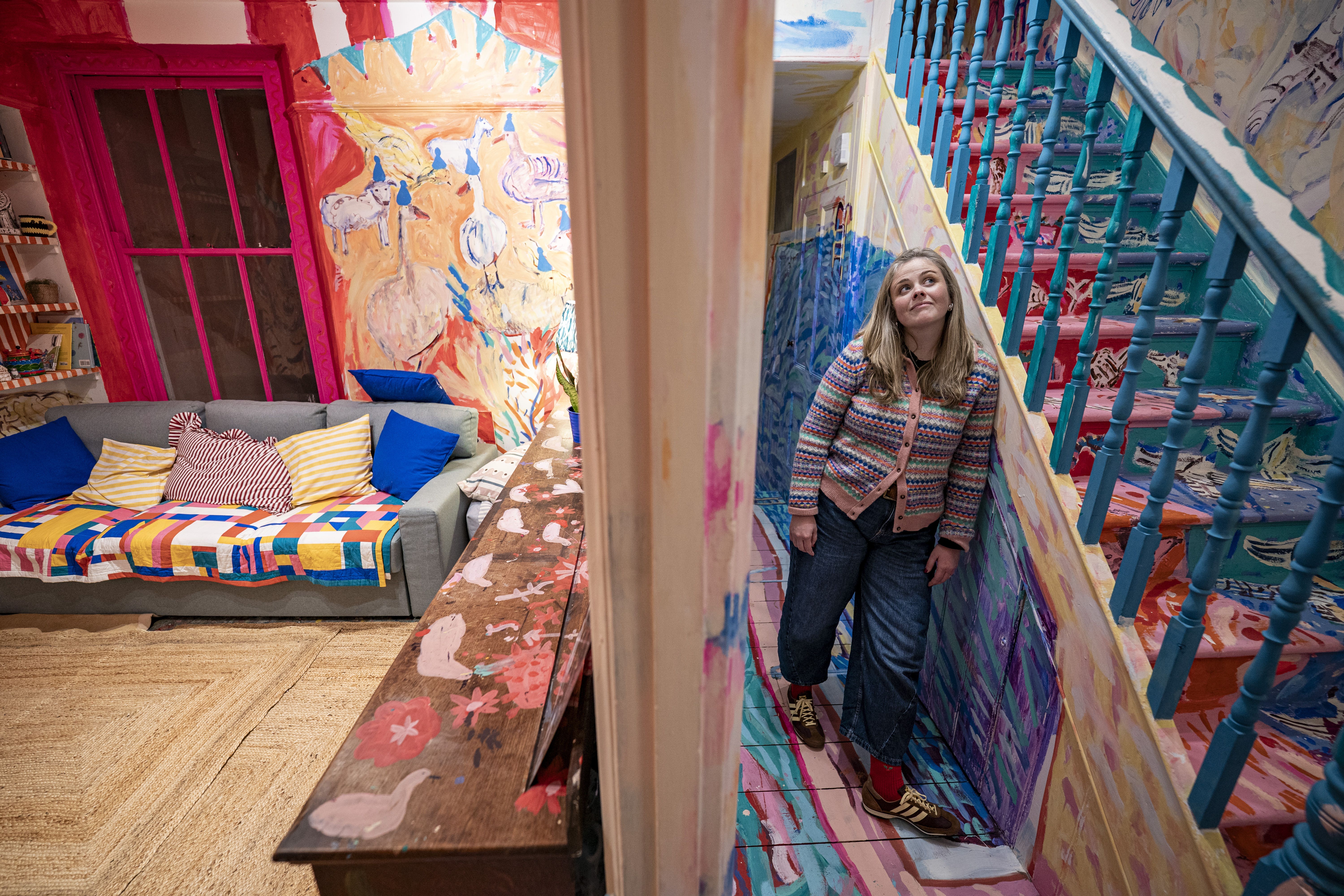 Emily Powell inside her downstairs hallway at her home in Brixham, Devon