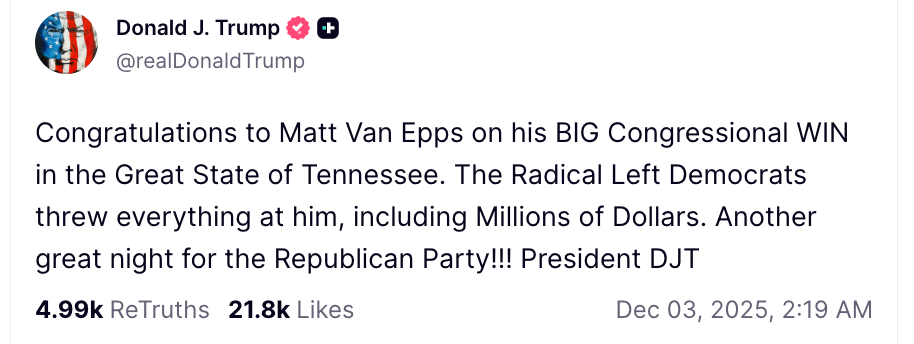 Trump’s Truth Social post congraulating Matt Van Epps