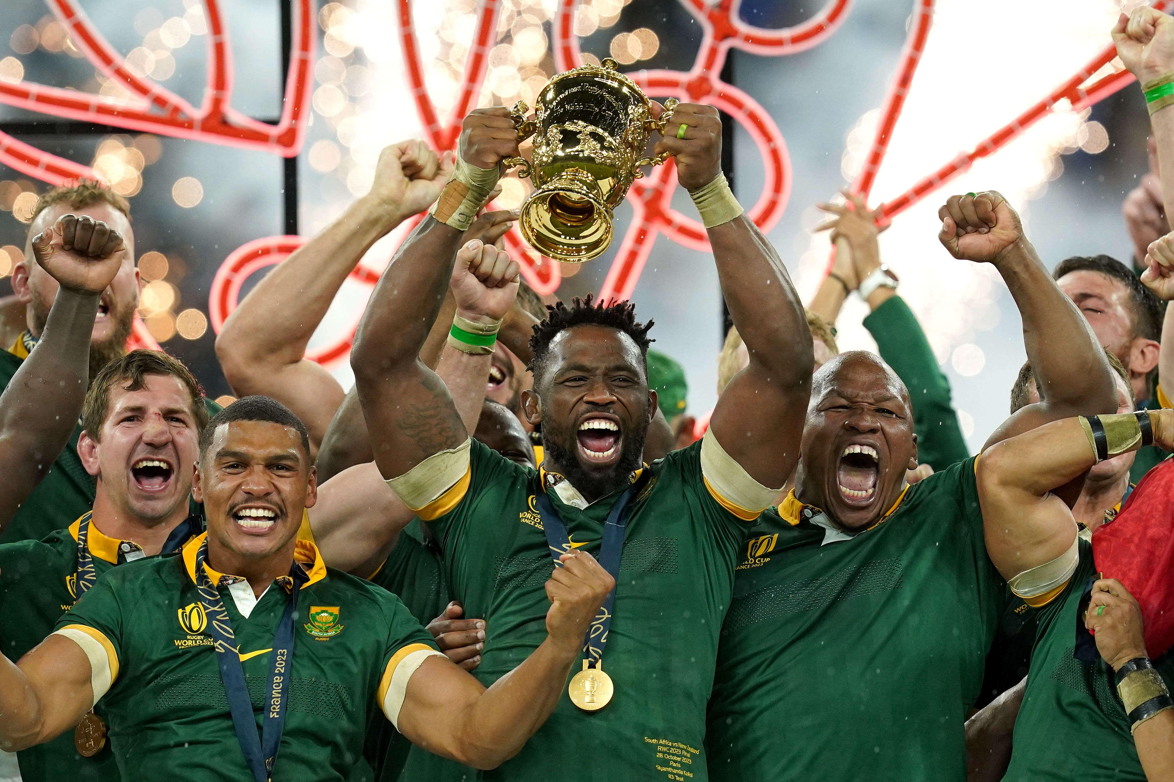 South Africa’s Siya Kolisi lifts the Webb Ellis Cup in 2023