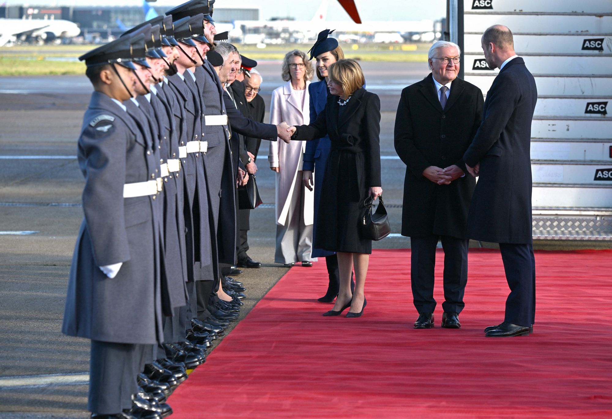 The royal couple shook hands with the president and his wife, with Ms Budenbender bringing her hand to her chest as she smiled and chatted with Kate.