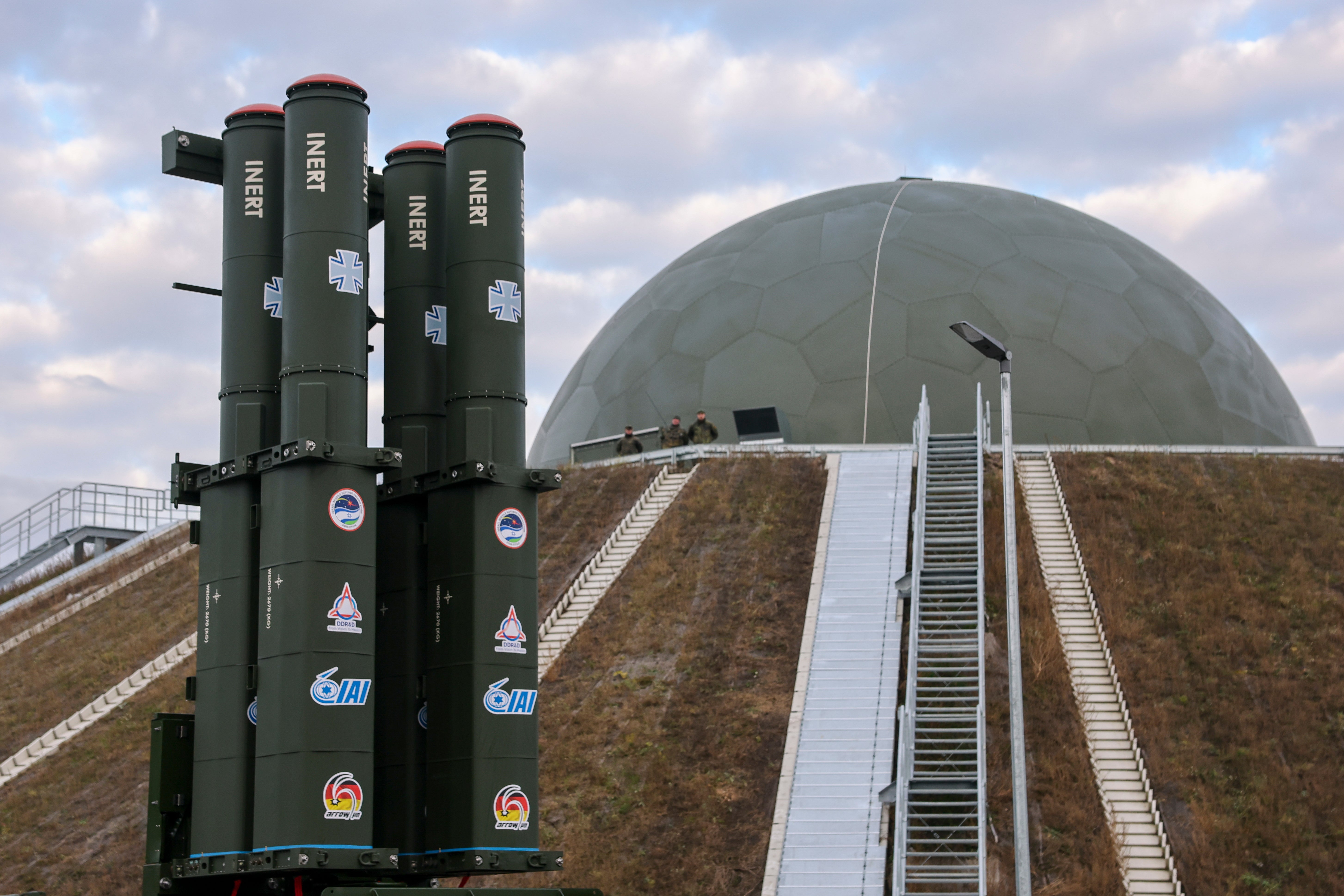 The launcher of the new Arrow 3 missile defense system stands in front of the radome in Annaburger Heide, Germany, Wednesday, Dec. 3, 2025. (Jan Woitas/dpa via AP)