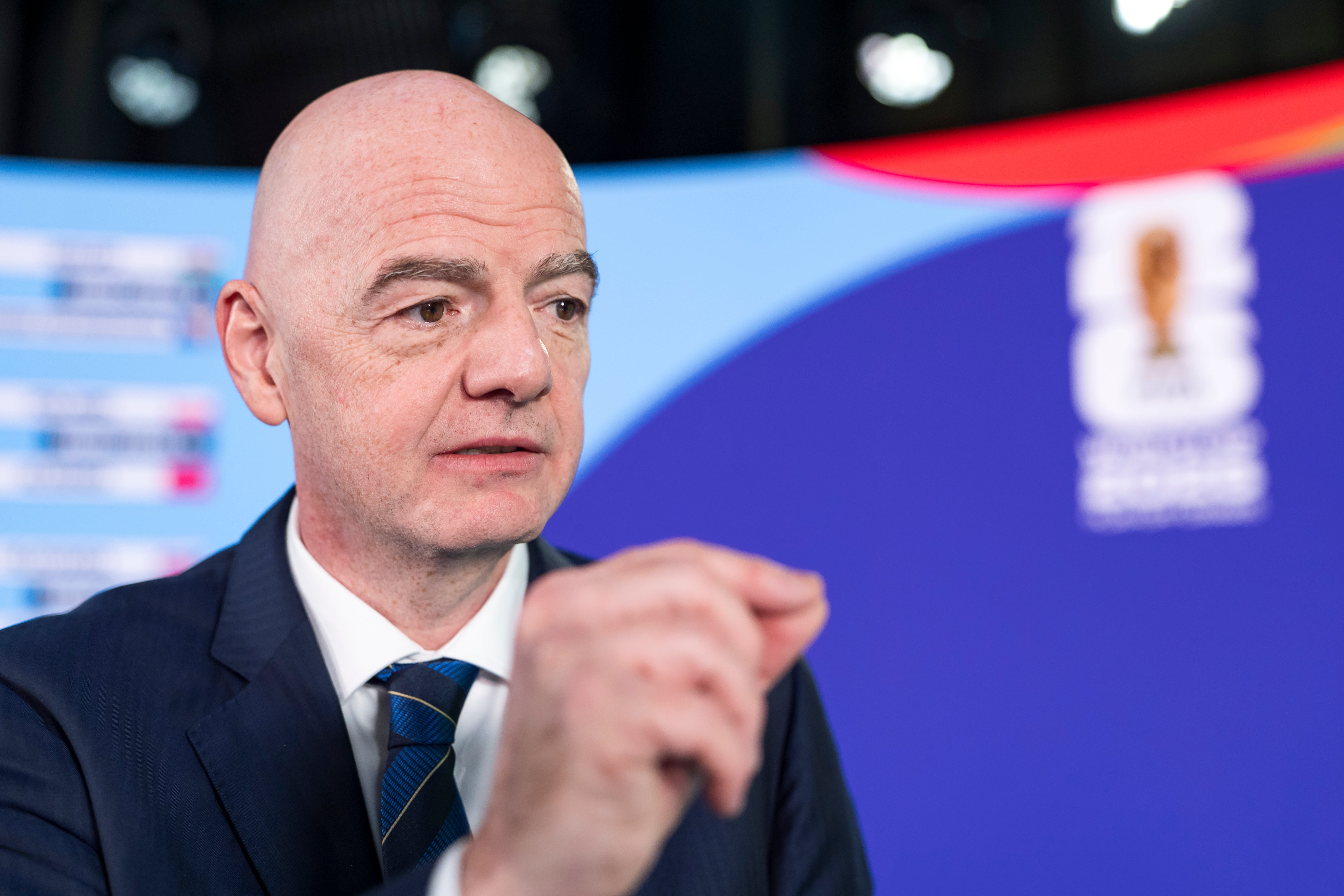Gianni Infantino speaks during the Fifa World Cup 2026 playoff draw