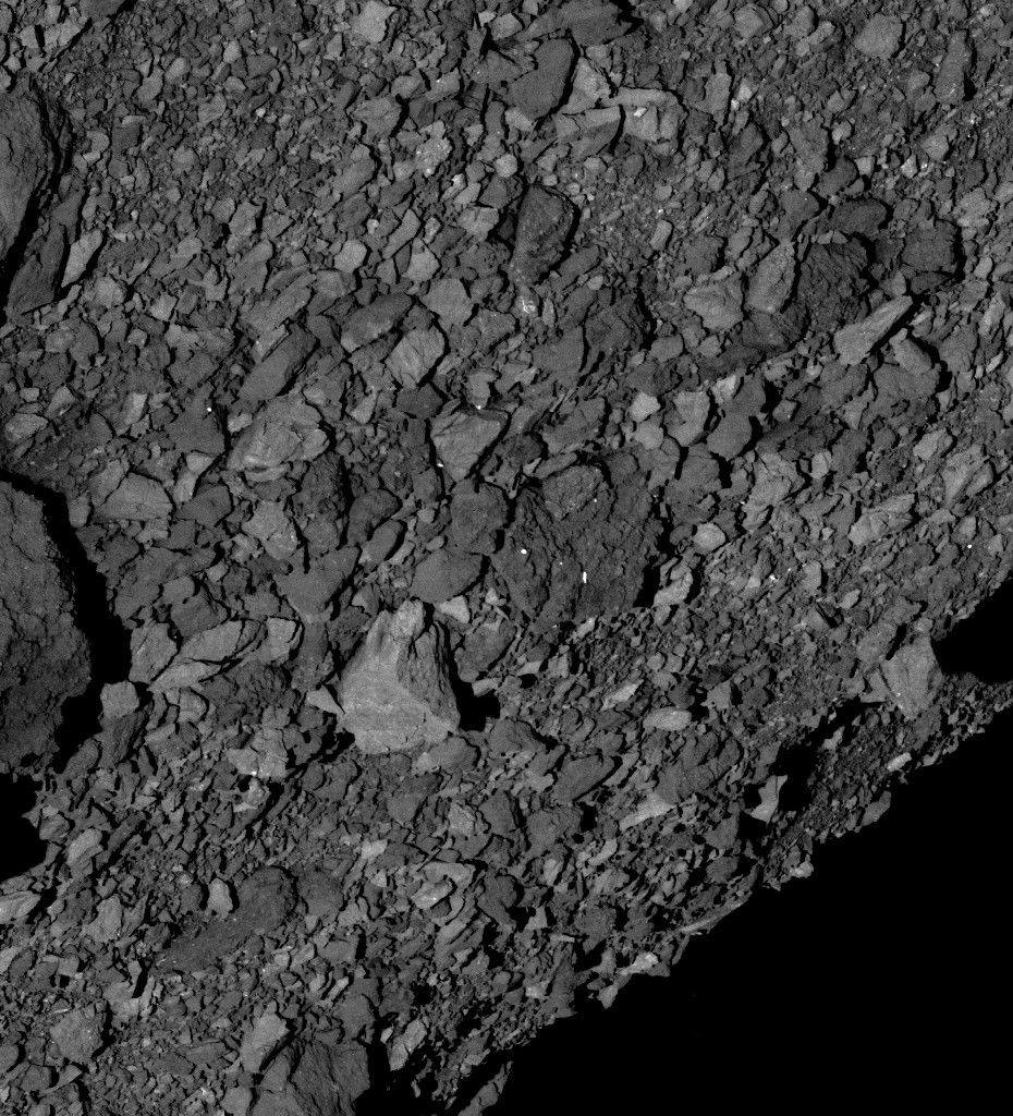 This image taken by NASA’s OSIRIS-REx spacecraft in March 2019 shows a view across asteroid Bennu’s southern hemisphere and into space