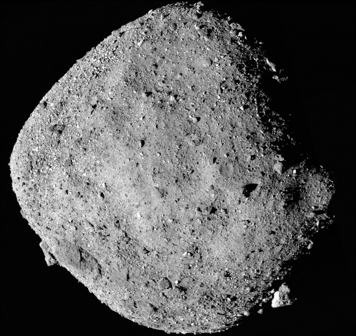 This mosaic image of the asteroid Bennu was taken by the OSIRIS-REx spacecraft in December 2018. The asteroid is 1,600 feet wide
