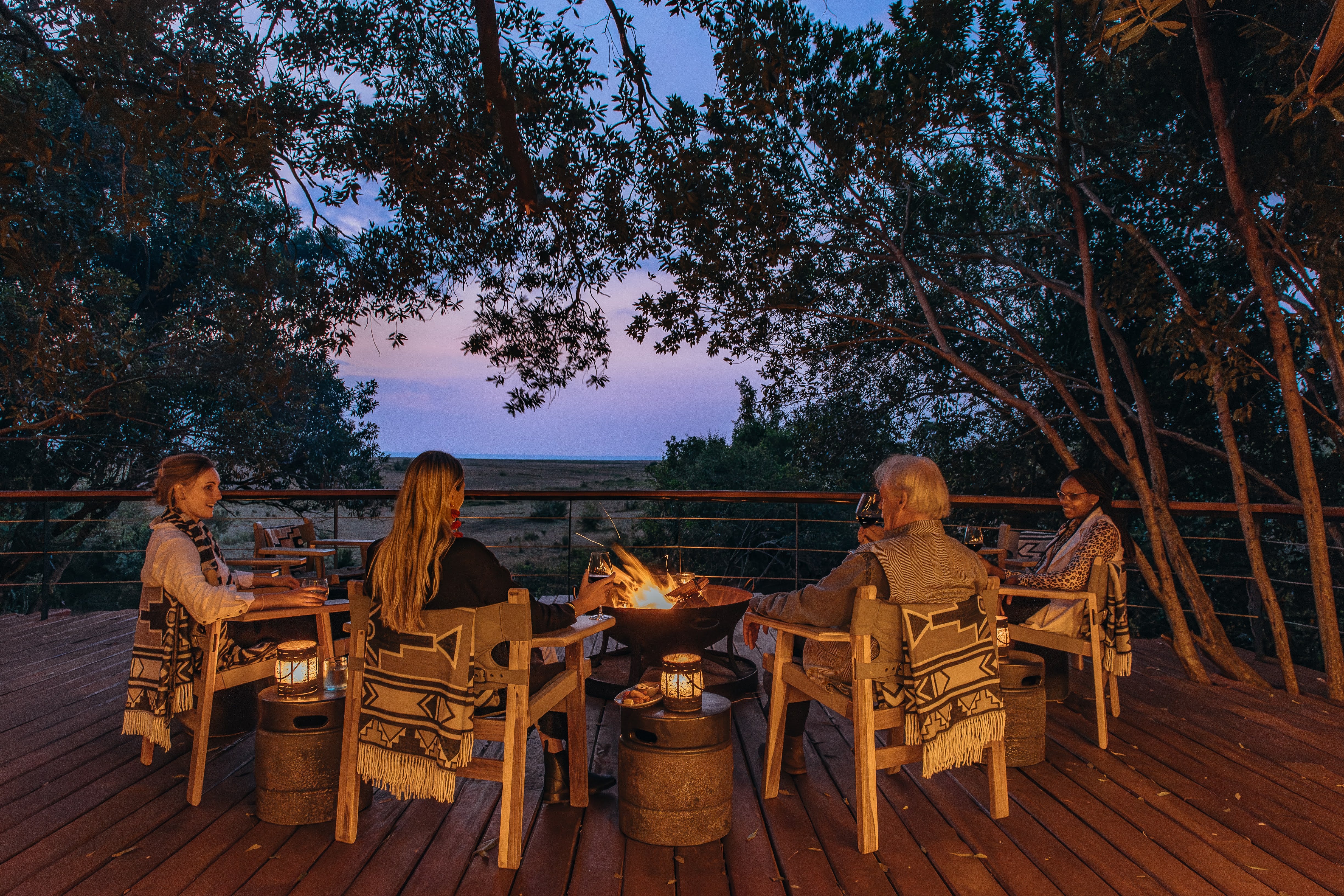 Guests can huddle around the fire pit after a day of exploring