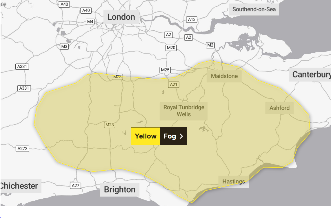East Sussex, Kent, Surrey and West Sussex are the areas affected by the weather warning
