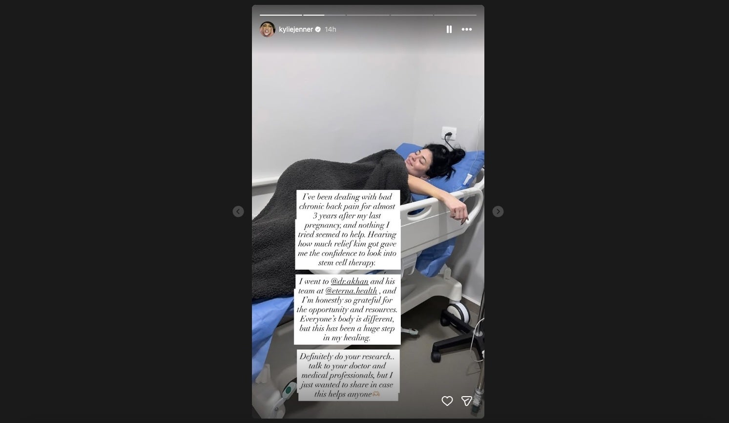 Kylie Jenner lies on a gurney while receiving stem cell therapy for chronic back pain. She wrote in a Wednesday instagram story that the therapy had been a ‘huge step’ in her healing