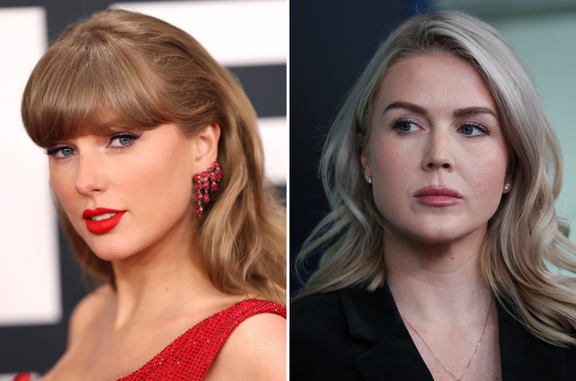<p>White House Press Secretary Karoline Leavitt (right) revealed her 2025 Spotify Wrapped, which included her boss's nemesis Taylor Swift as one of her top listened to artists</p>