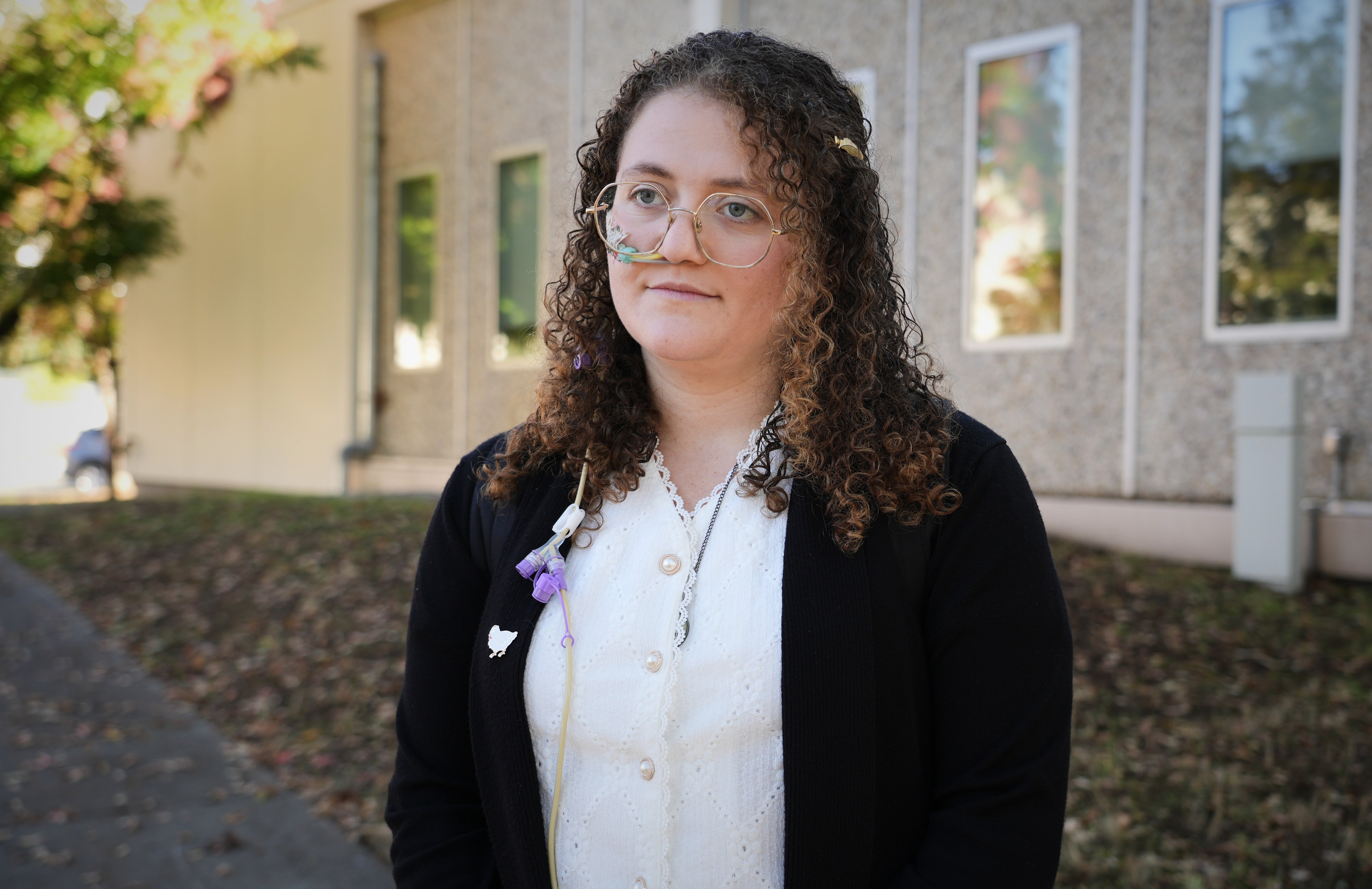 Animal rights activist Zoe Rosenberg, who is on trial after taking four chickens from one of Perdue Farms' major poultry plants, is pictured outside Sonoma County Superior Court in Santa Rosa, Calif. on Tuesday, Oct. 28, 2025