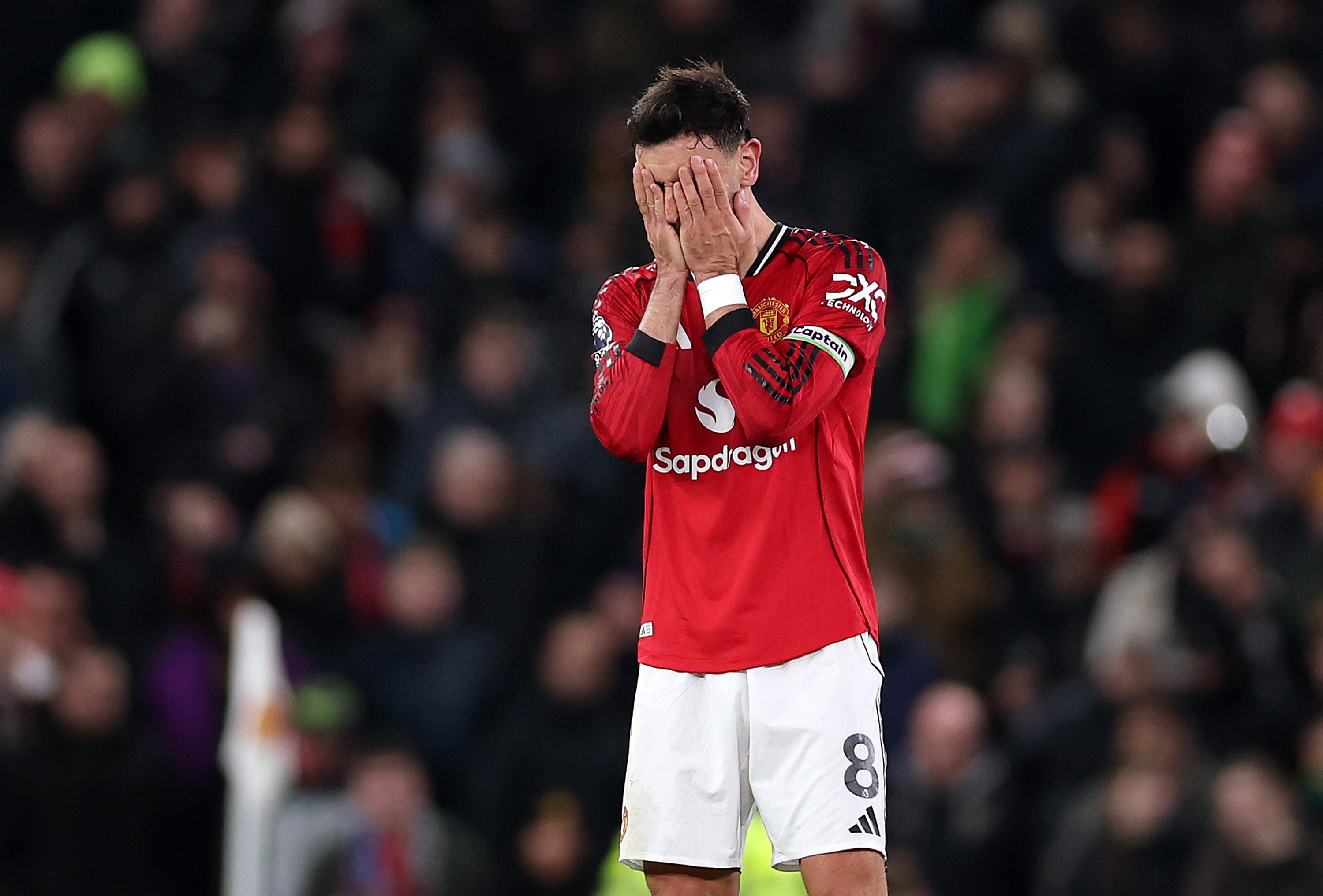 A dejected Bruno Fernandes during Man United’s draw with West Ham