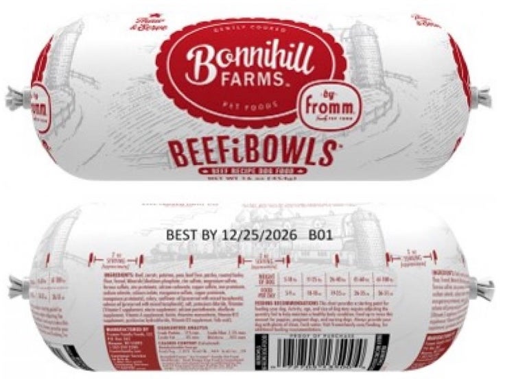 Fromm Family Foods issued the recall Wednesday for its Bonnihill Farms BeefiBowls Beef Recipe frozen dog food