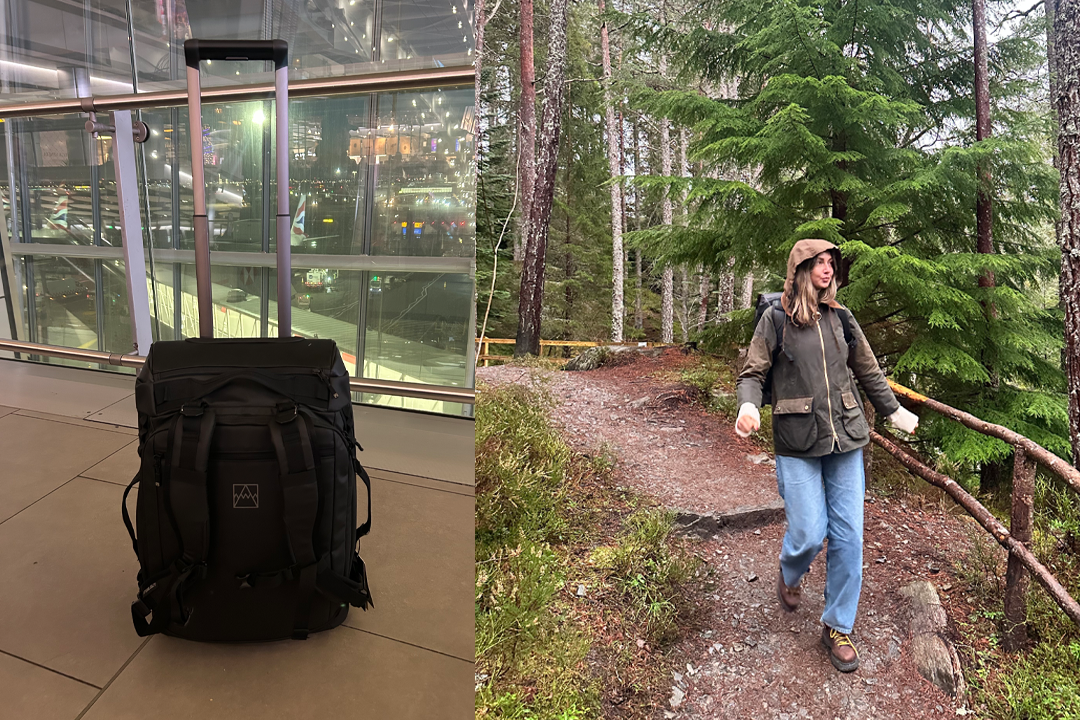 Putting the bag through its paces on a flight and hiking