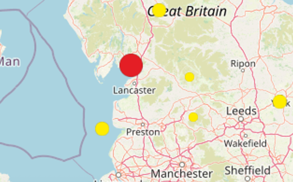 The red dot epicentre of the earthquake in Lancashire
